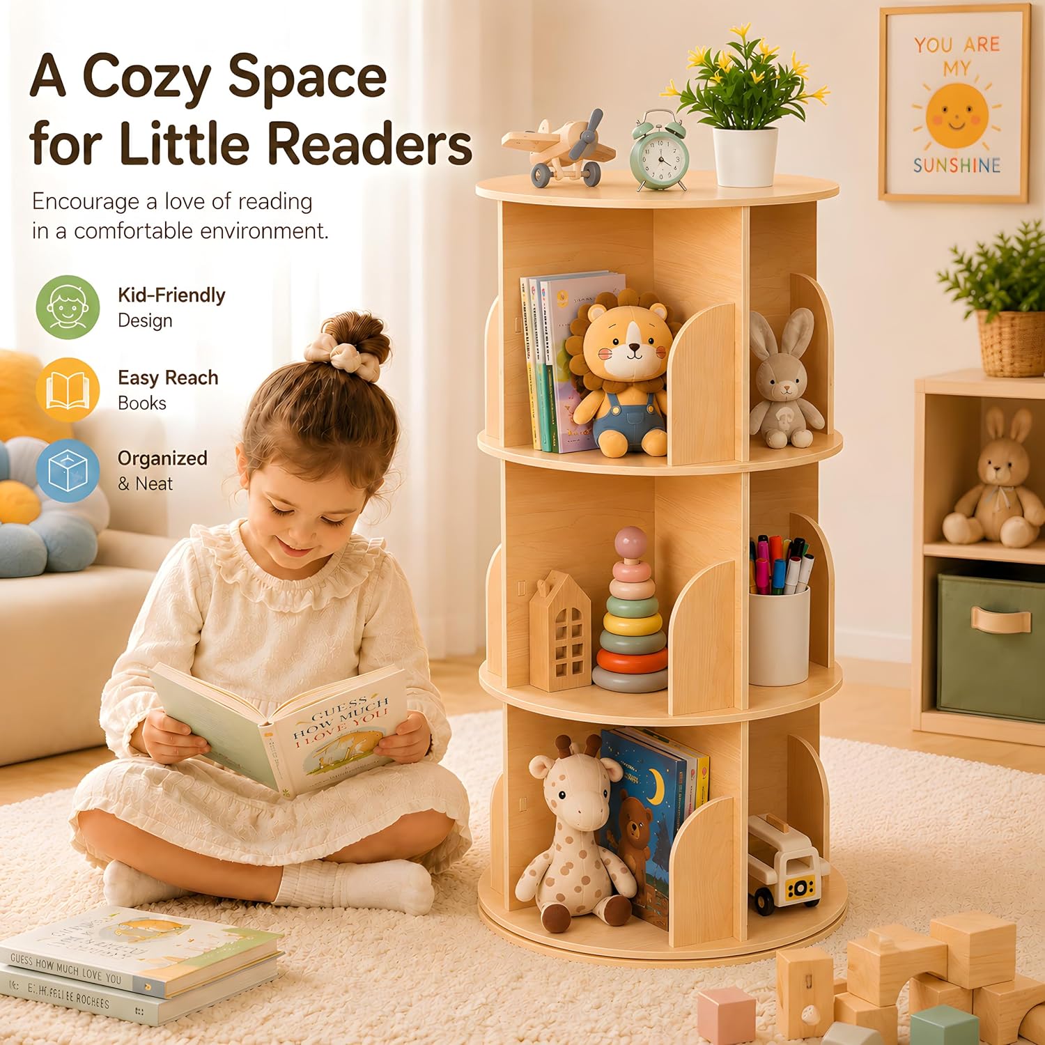 Kids Rotating Bookshelf, 360° Display 3 Tier Bookcase Storage image 3