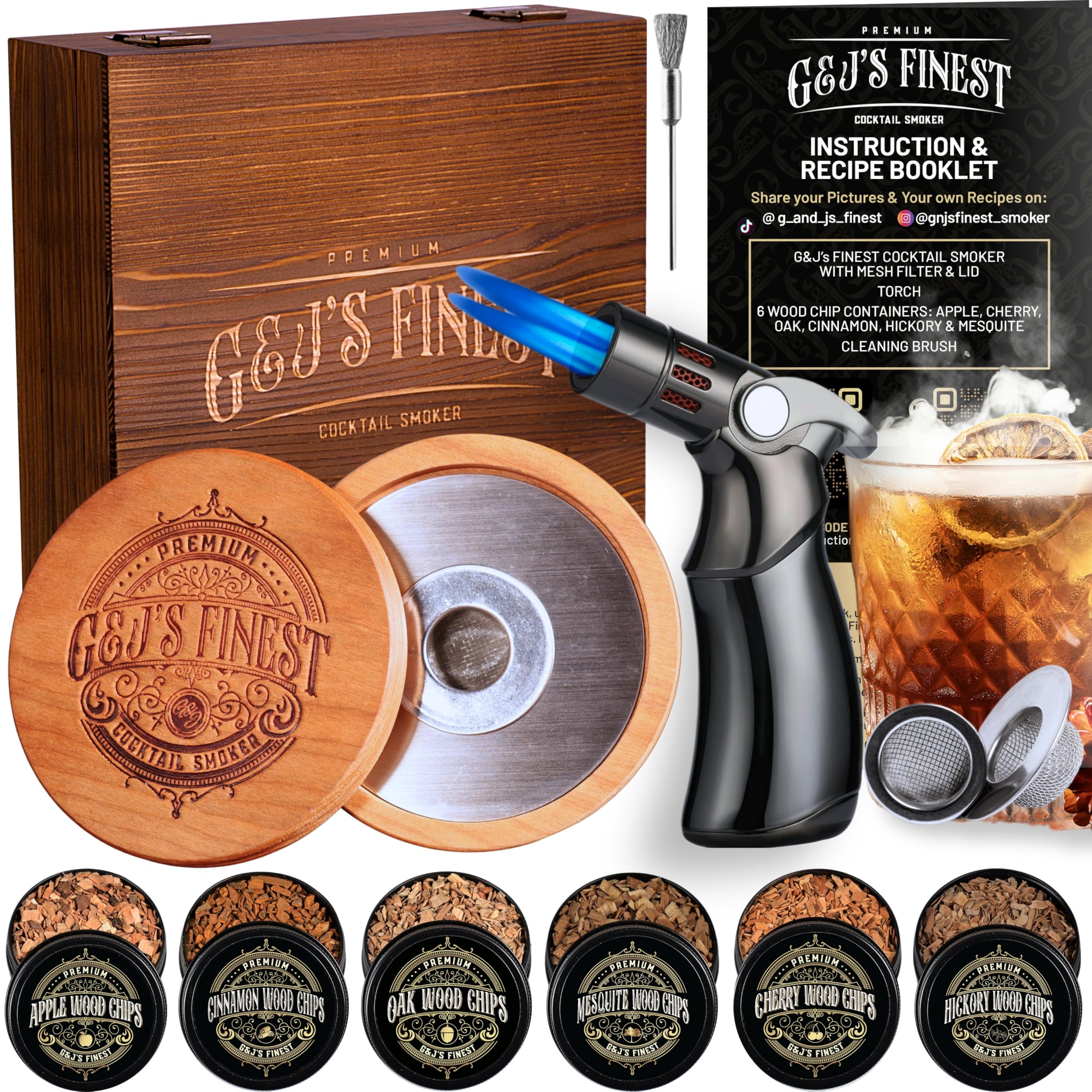 Whiskey Smoker Kit | Cocktail Smoker Kit| Bourbon Smoker Kit| Old Fashioned Smoker Kit with Quad Flame Torch, 6 Wood Chips & Wooden Box for Smoking Drinks| Whiskey Gift for Men (No Butane Incl.)