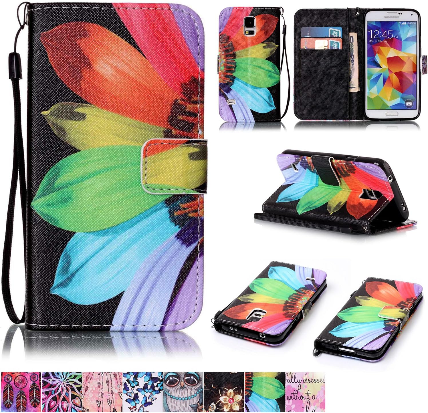 Firefish Galaxy S5 Case, [Kickstand Feature] Durable Leather Flip Folio Wallet Case with Card Slot and Anti-Scratch Protective Cover for Samsung Galaxy S5-Sunflower