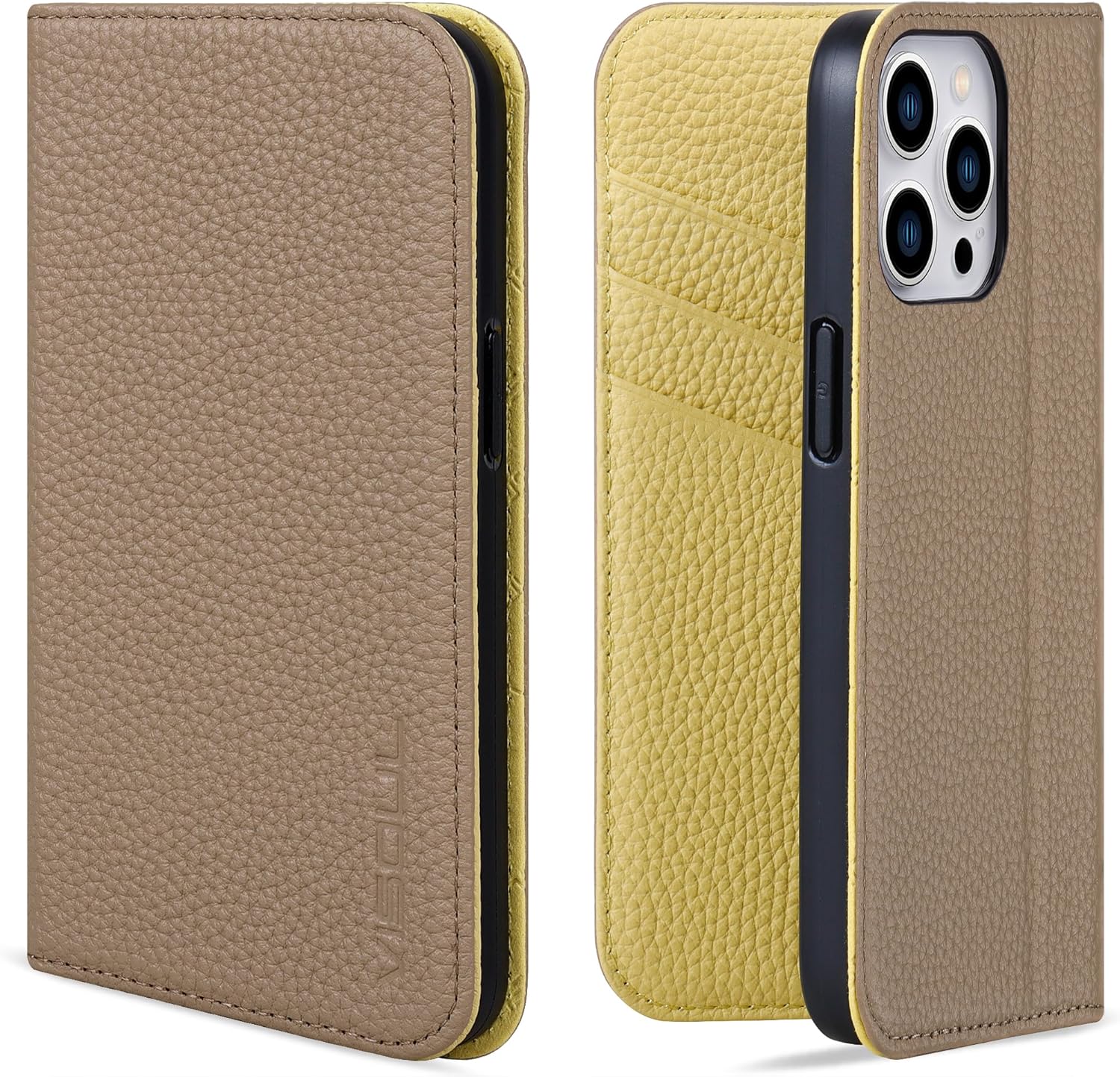 VISOUL Pebbled Leather Wallet Case for iPhone 14 Pro, Genuine Leather Magnetic Flip Folio Case with Card Holder Kickstand Designed for iPhone 14 Pro (6.1")-Black+Red