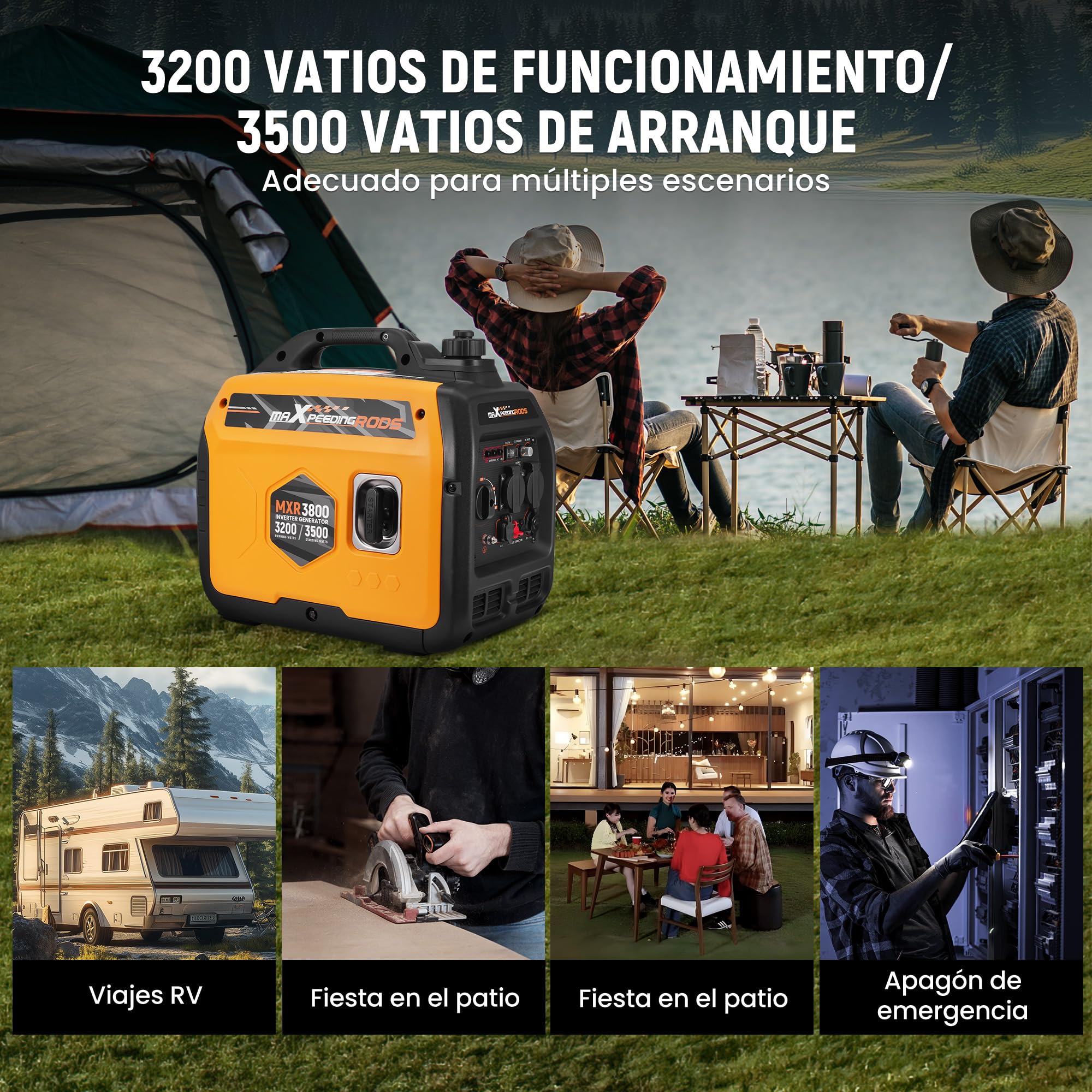 maXpeedingrods Generador de corriente inverter de 3500 W, ligero y portátil, de gasolina, generador de corriente de emergencia, modo ecológico con 2 x 230 V/2 x USB, 1 x 12 V CC enchufes para RV