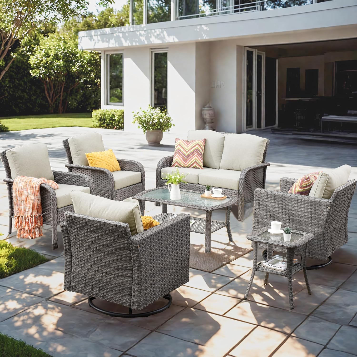CAODOC 7 Pieces Outdoor Patio Furniture Set, Rattan Wicker Sectional Swivel Rocker Chairs Sets with Table, Swivel Glider Chairs, and Side Table