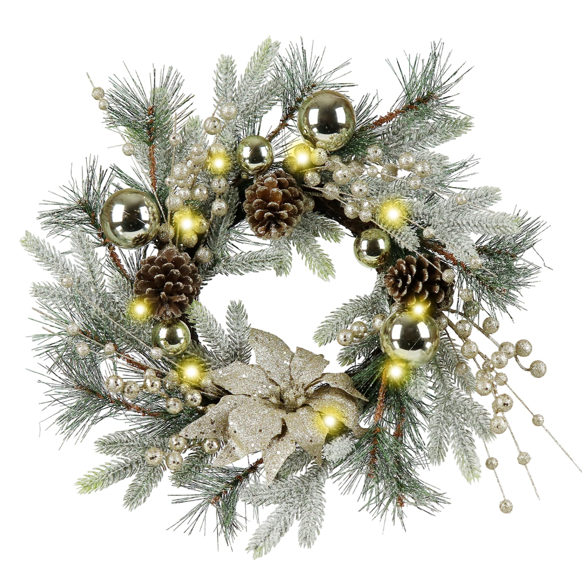 Zavothy Christmas Wreath 20 Inch Christmas Decorations Wreath with Lights,Balls,Pine Cones,Golden Berries,Pine Needle and Artificial Flower for Outdoor Indoor Christmas Decorations