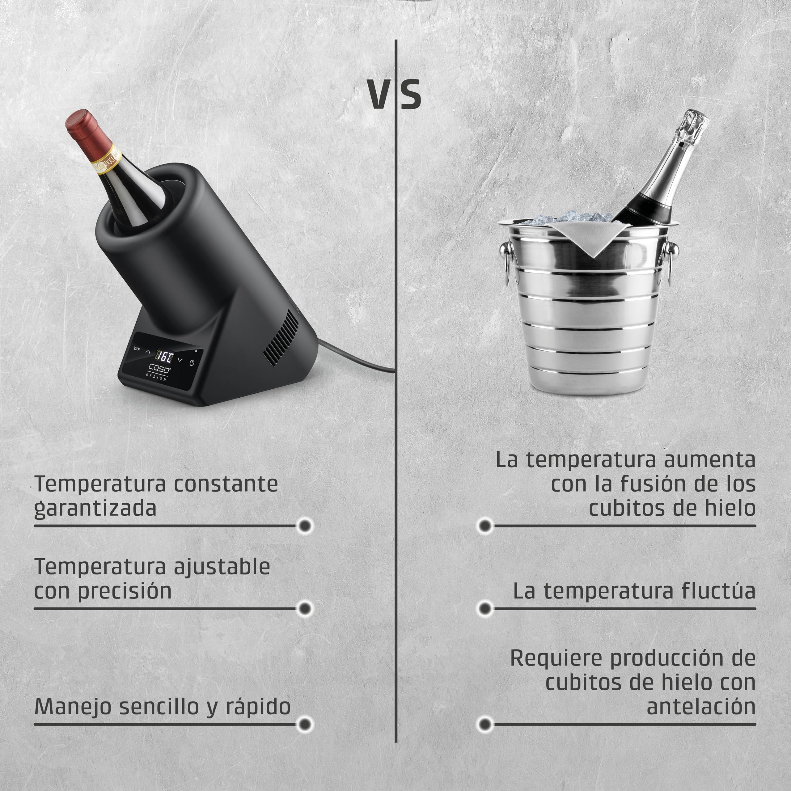 CASO VinoCase Enfriador para botella de vino, champán, etc., temperatura 5 – 18 °C, para botellas de hasta 9 cm de diámetro, funcionamiento silencioso, negro