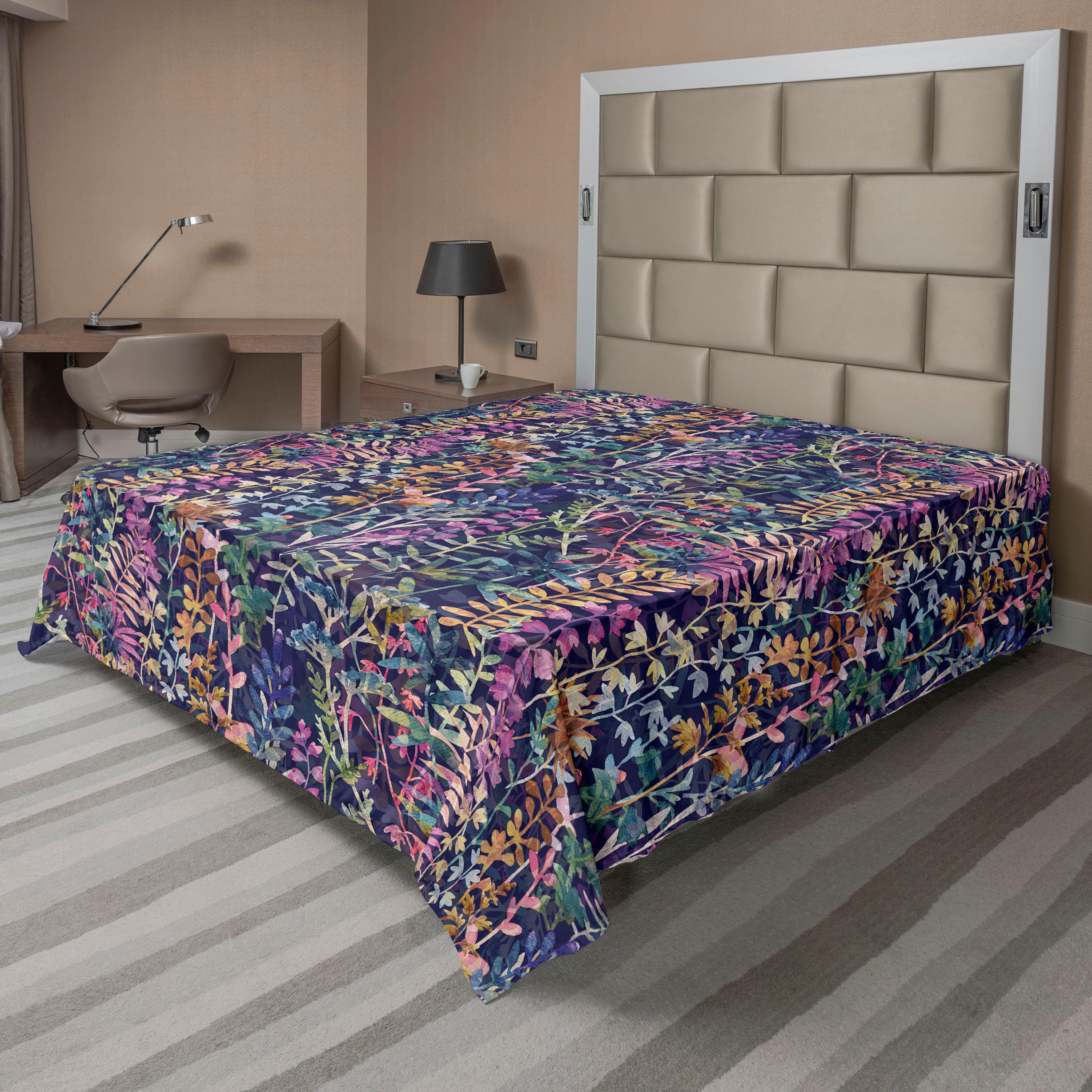 Ambesonne Spring Flat Sheet, Watercolor Art Featuring Overlapped Colorful Leaves Hand-Drawn Plot, Soft Comfortable Top Sheet Decorative Bedding 1 Piece, King Size, Pale Caramel and Lavender