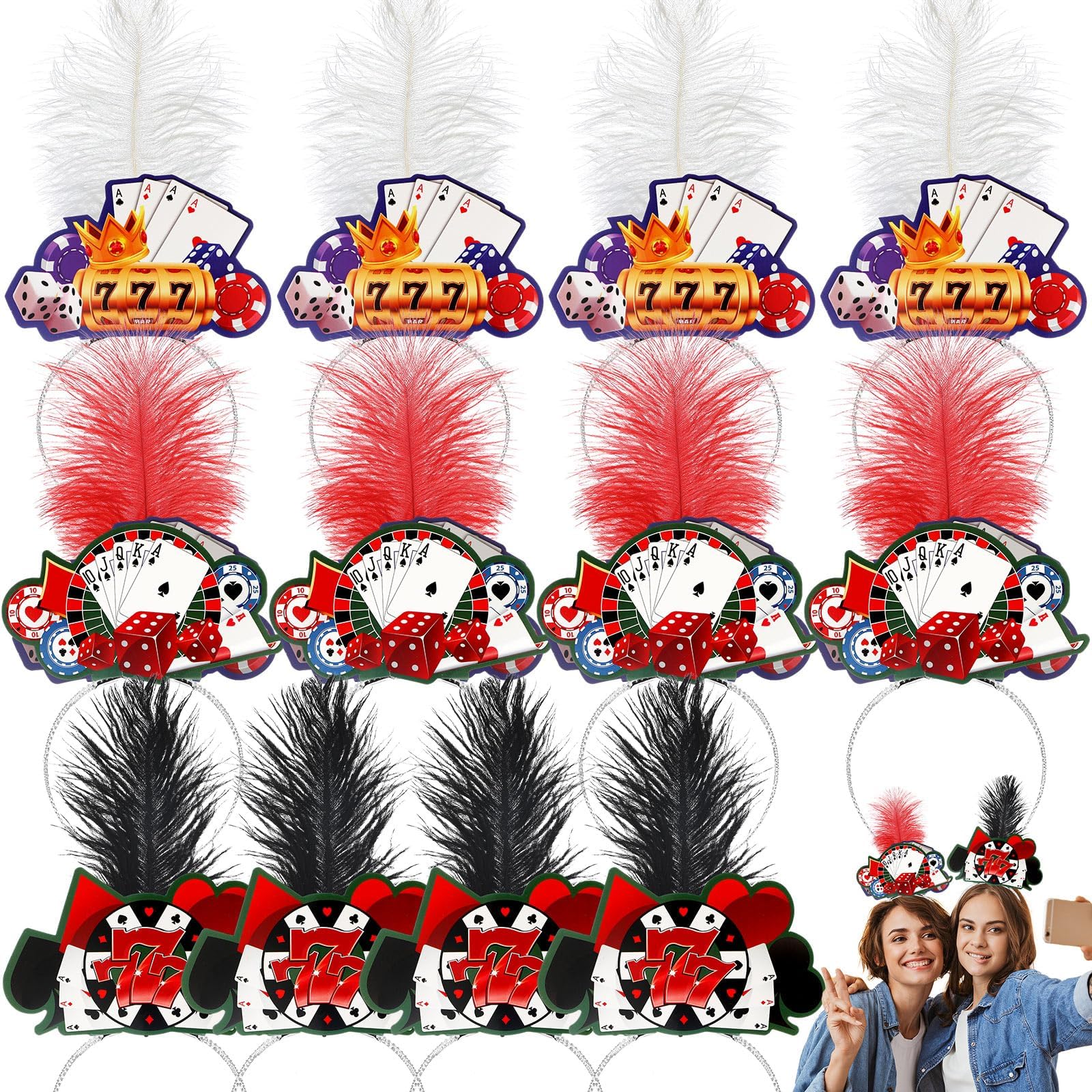 12 Pcs Casino Themed Party Casino Night Outfits for Women Accessories Tiaras Poker Dice Feather Headpiece 3 Styles Colorful for Party Adult Las Vegas Game Night Supplies
