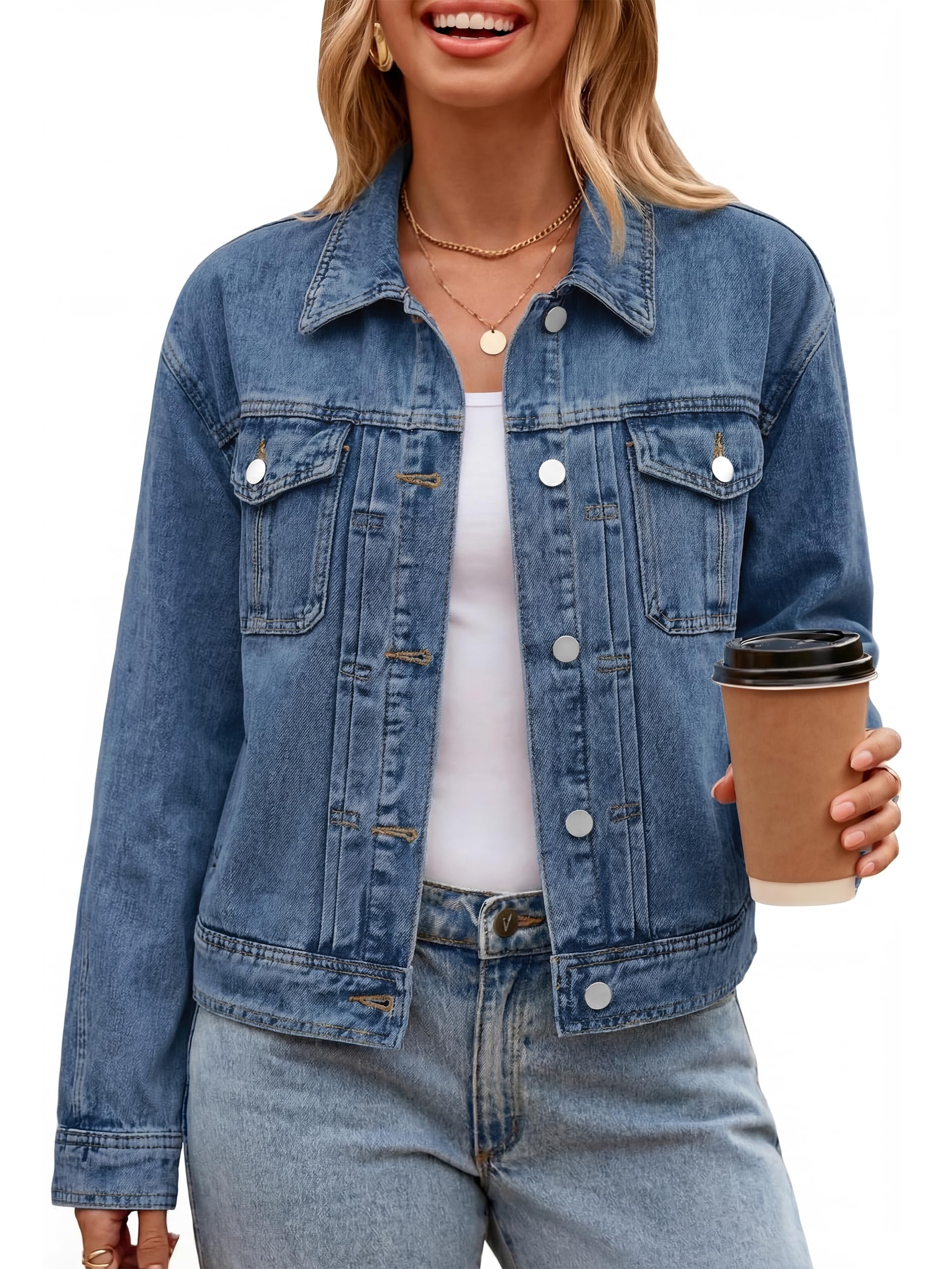 Glamaker Womens Jean Jacket 2026 Casual Basic Trendy Button Down Long Sleeve denim Jacket Coat With Pockets