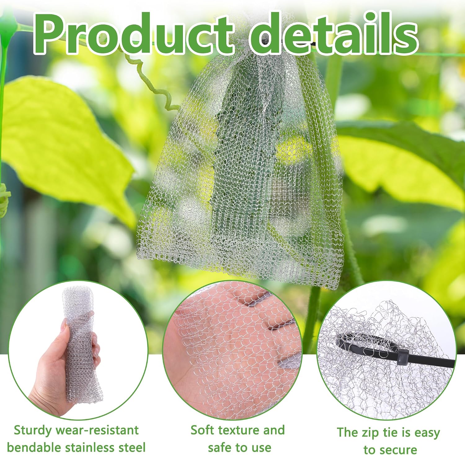 moonoom 20Pcs 8x12 6x8 Inch Stainless Steel Fruit Protection Bag, 2 Sizes Fruit Protection Wire Cover Bag with Zip Tie, Reusable Vegetable Barrier Wire Bags for Protecting Fruits Berries Roots