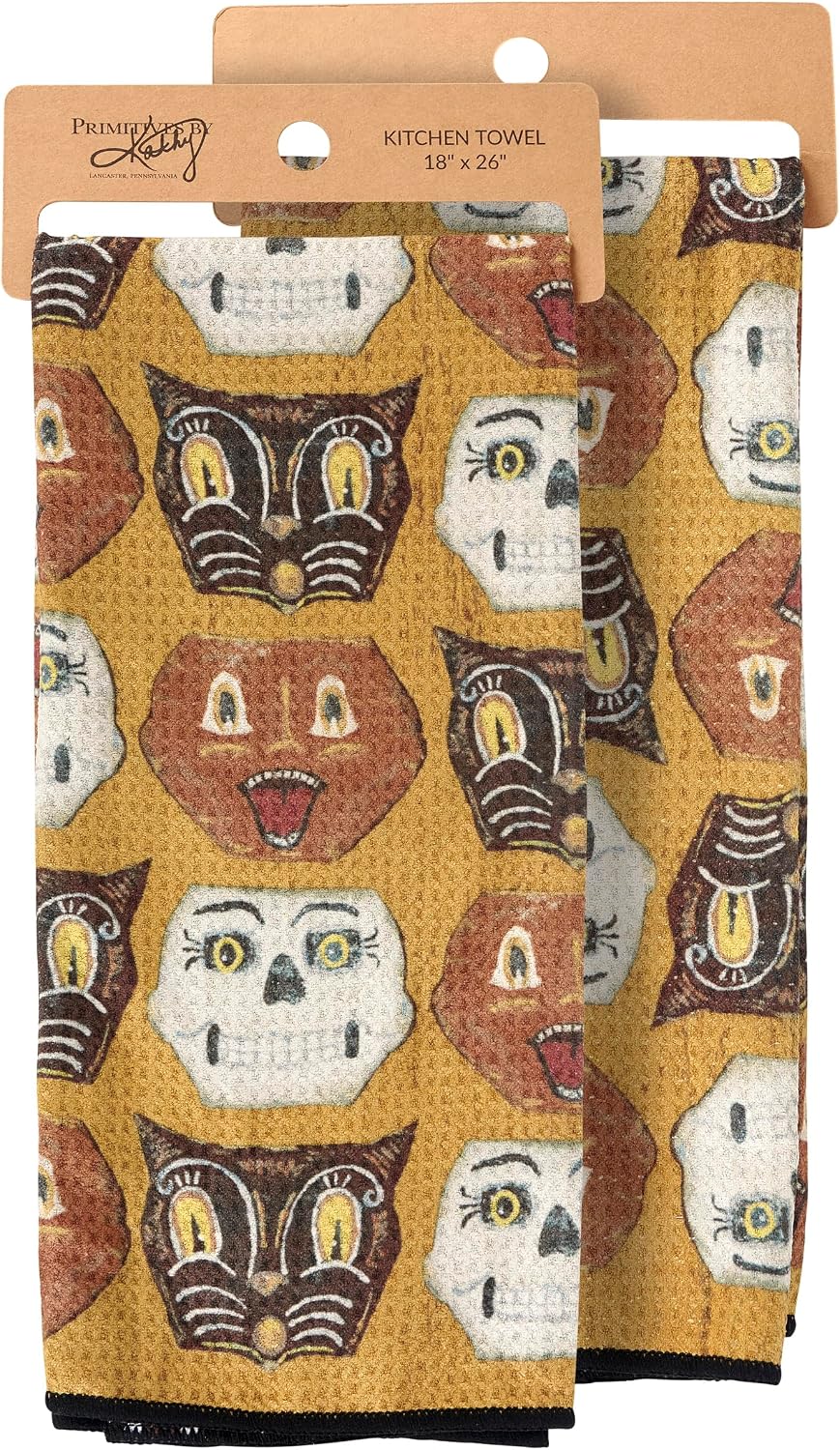 Primitives by Kathy Decorative Kitchen Towel, from Our Halloween Collection, Microfiber Towel with All-Over Design, Primitive Pattern Halloween Faces Featuring Jack o'lanterns, Black Cats,Skeletons