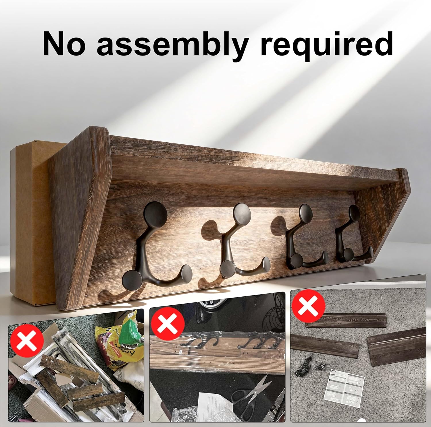 SKOLOO Wall Shelf with Hooks, 24-Inch Weathered Brown Coat Rack Wall Mount with Shelf Organizer - Heavy Duty, 4 Tri Hooks - Perfect for Entryway, Hallway, Living Room, Bedroom, Mudroom