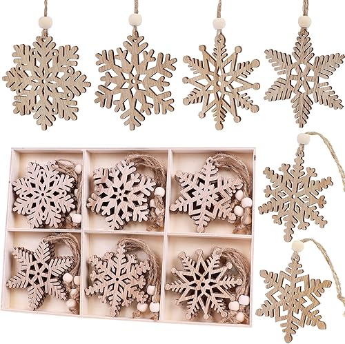 Miniatura 8 de 24 adornos de madera de copos de nieve de Navidad de 3 pulgadas, adorno colgante para decoración rústica de árbol de Navidad, manualidades de regalo