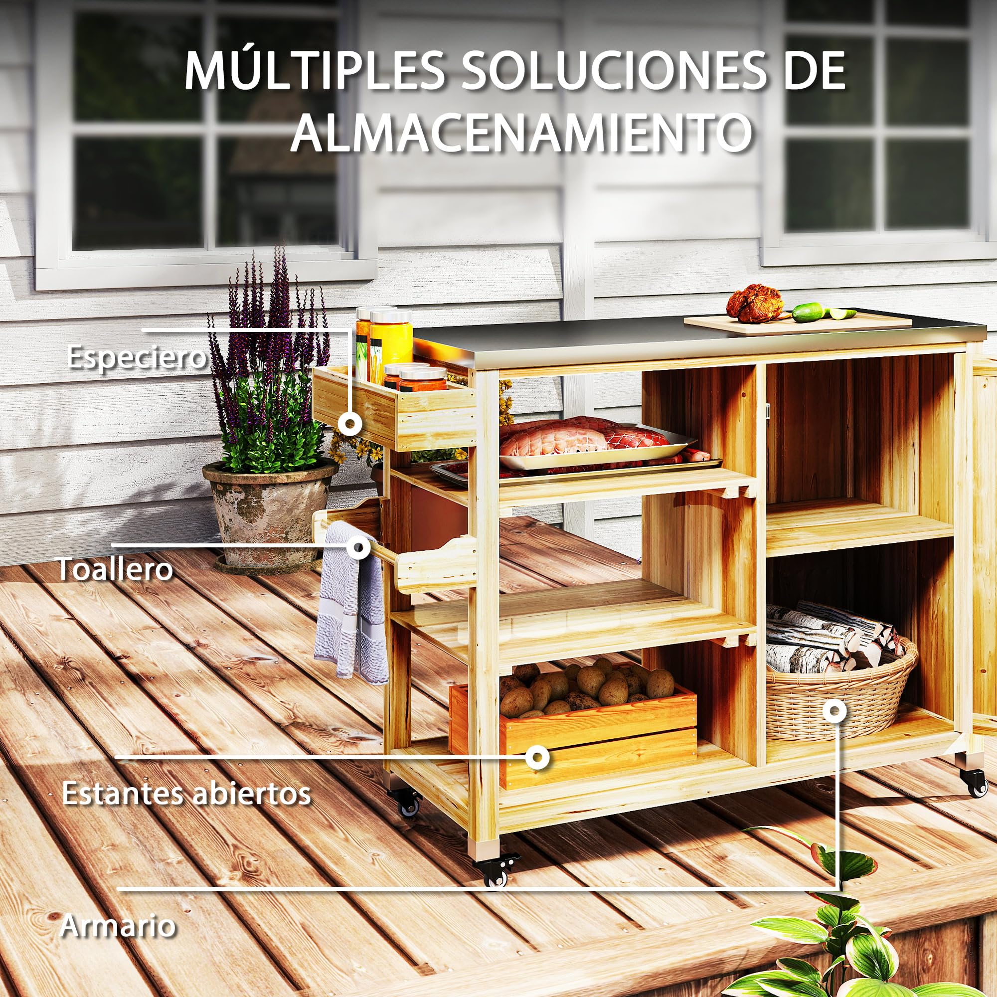 Outsunny Carrito de Parrilla Carrito de Barbacoa con 4 Ruedas Carro de Servicio de Madera Encimera de Acero Inoxidable Toallero y Especiero Estantes Armario para Patio Jardín 134,5x50x91,5 cm Natural