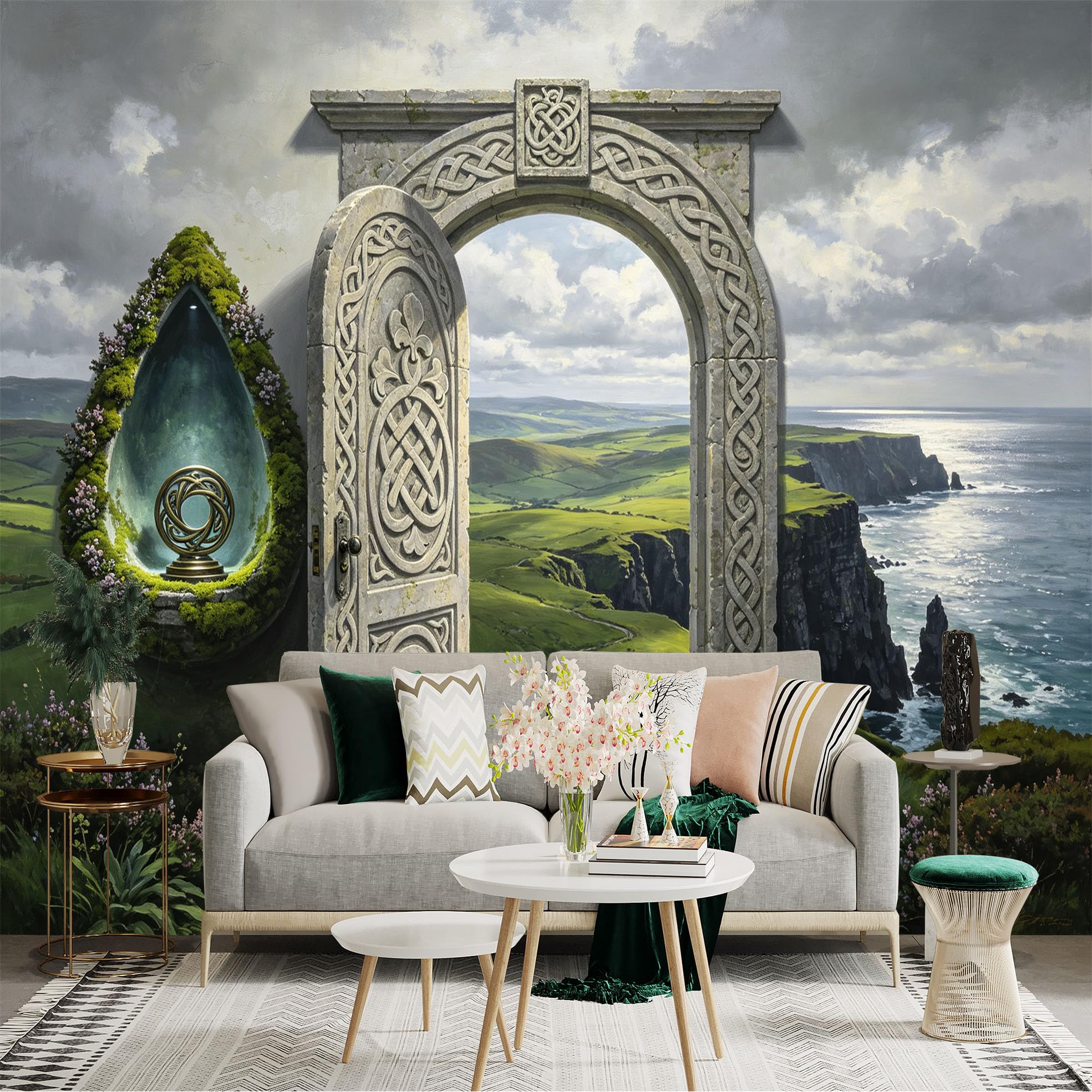Custom Size Wall Sticker Mural， Celtic Stone Archway， Coastal Cliffs and Fantasy Landscape， for wall Decoration， peelandstick wall Decals.