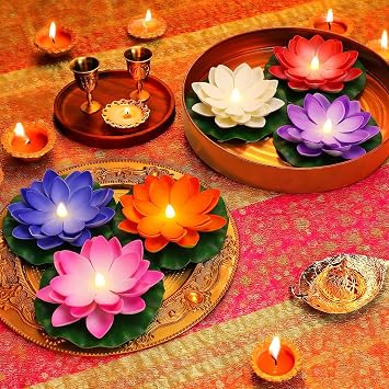 6pcs 5in Diwali Decorations Lotus Light - Water-Sensing Floating Diyas Artificial Lotus Flower for Home Urli Bowl Mandir Pooja Decor Indian Party Diwali Return Gifts