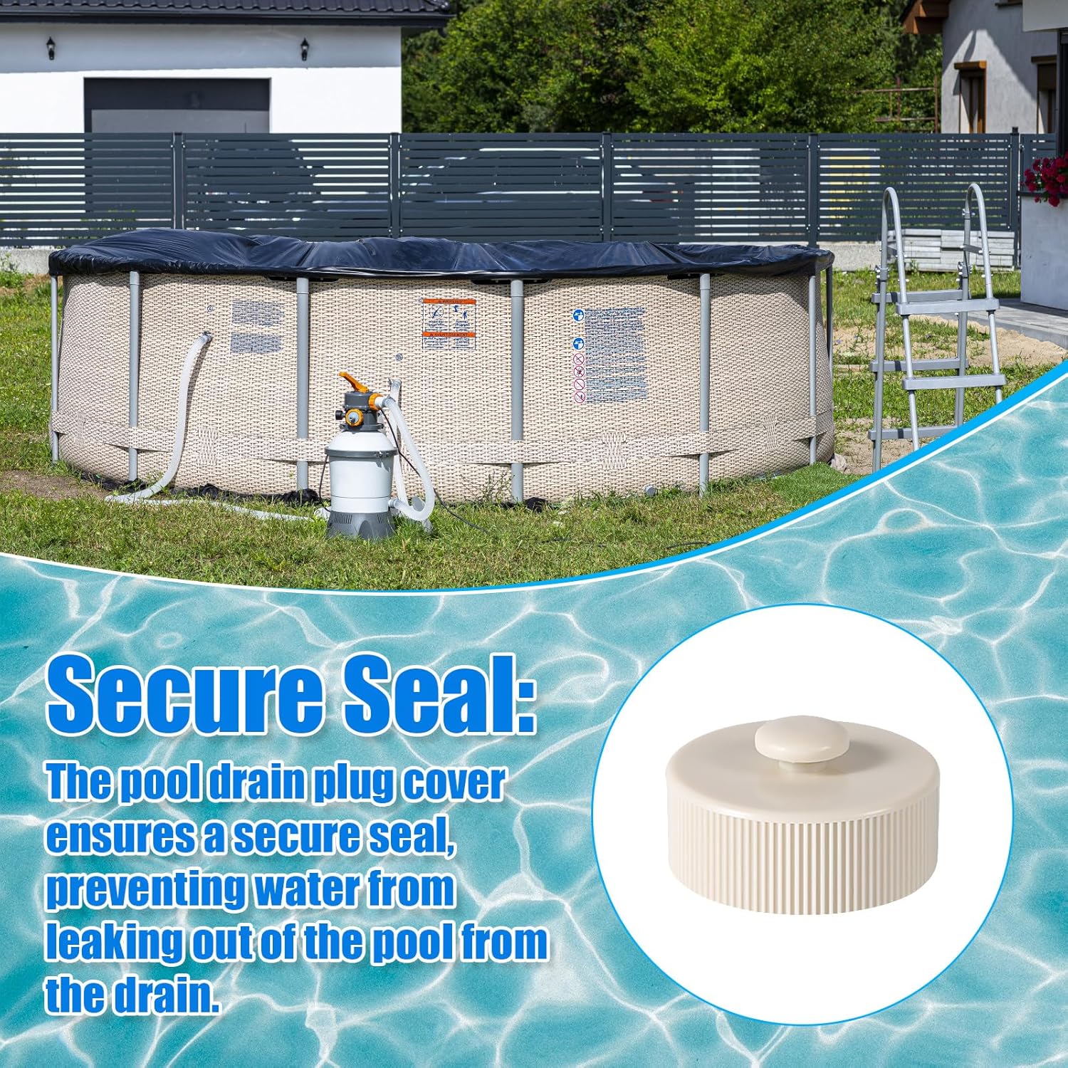 Pool drain plug cap next to an Intex-style above ground pool