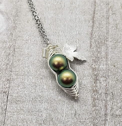 Miniatura 2 de Silver Leaf Swarovski Birthstone Pearl for AUG Peapod Necklace Green 2 Peas in a Pod Necklace Best Friend Gift Birthday Gift AUG