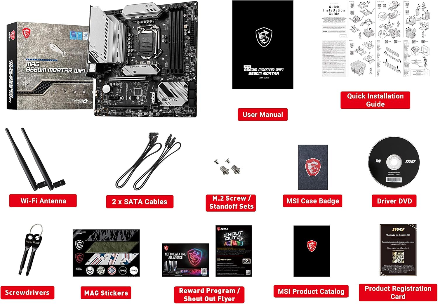 Contents of the MSI MAG B560M Mortar WiFi Motherboard package