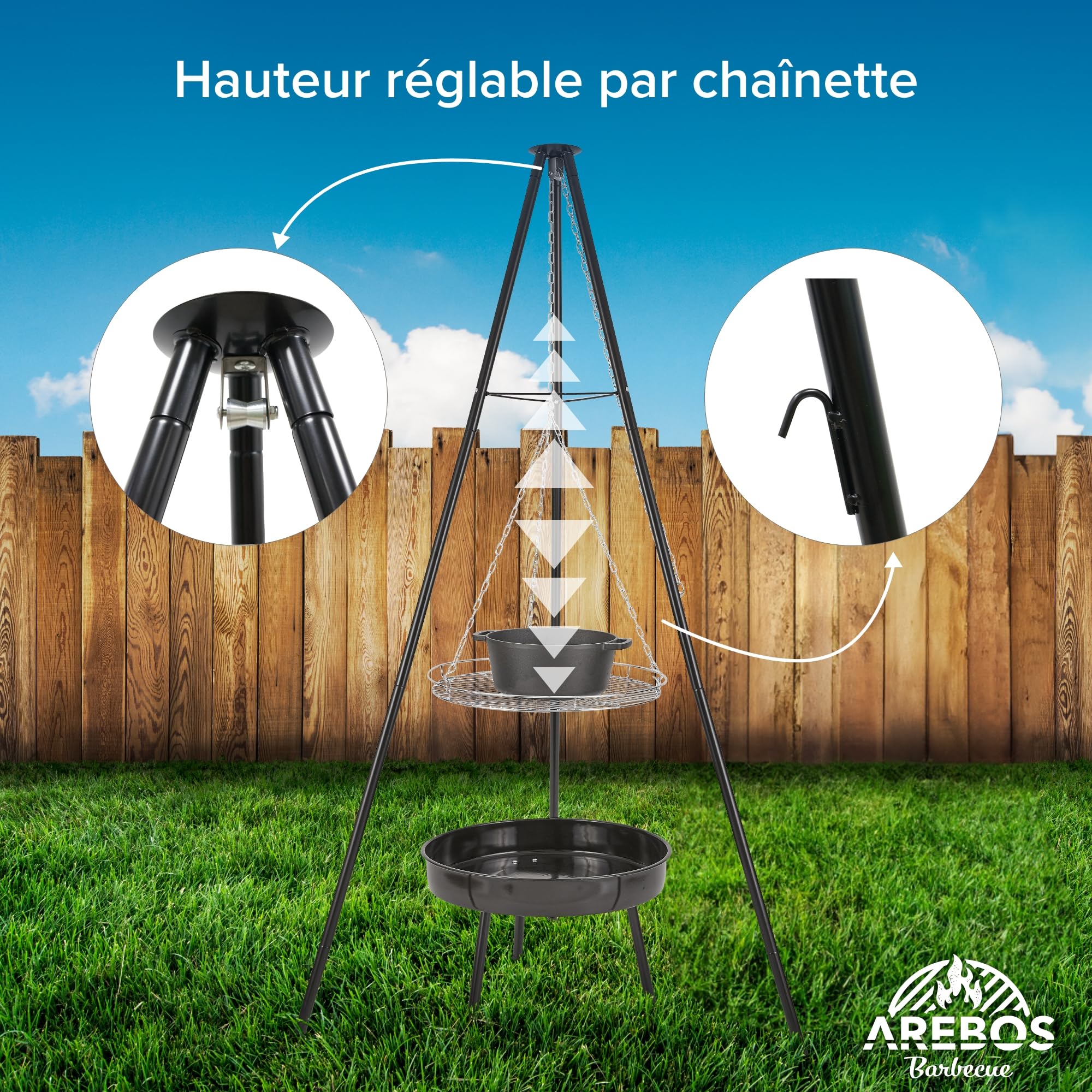 Arebos Barbecue suspendu | Barbecue au charbon de bois avec brasero Ø 51 cm | Trépied pour chaudron à goulasch | Grille de cuisson Ø 49 cm | Armature de barbecue avec brasero | Chaîne réglable en