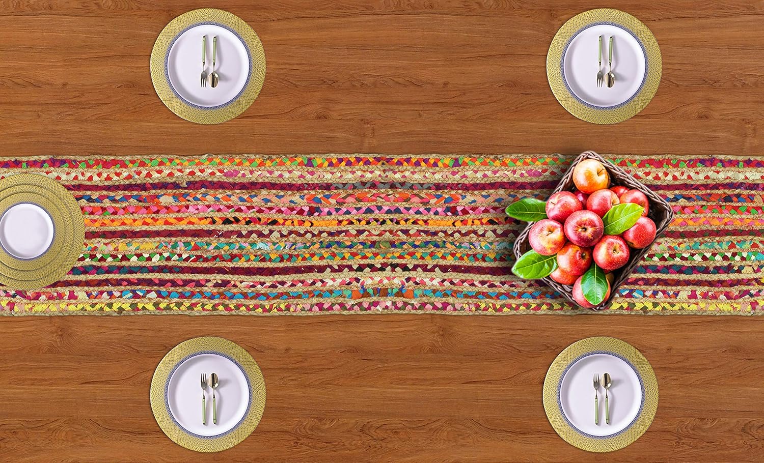 COTTON CRAFT Jute Chindi Table Runner - Braided Handwoven Reversible Tablerunner - Summer Fall Harvest Holiday Festive Party Boho Rustic Farmhouse Dining Kitchen Tabletop - 13 x 72 inch - Multicolor