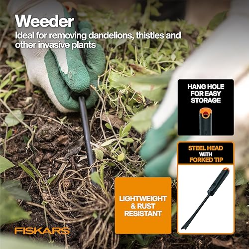 Miniatura 4 de Fiskars Juego de herramientas de jardín de verduras con tijeras de verduras, sembrador de semillas, paleta, cultivador, desbrozadora y guantes de