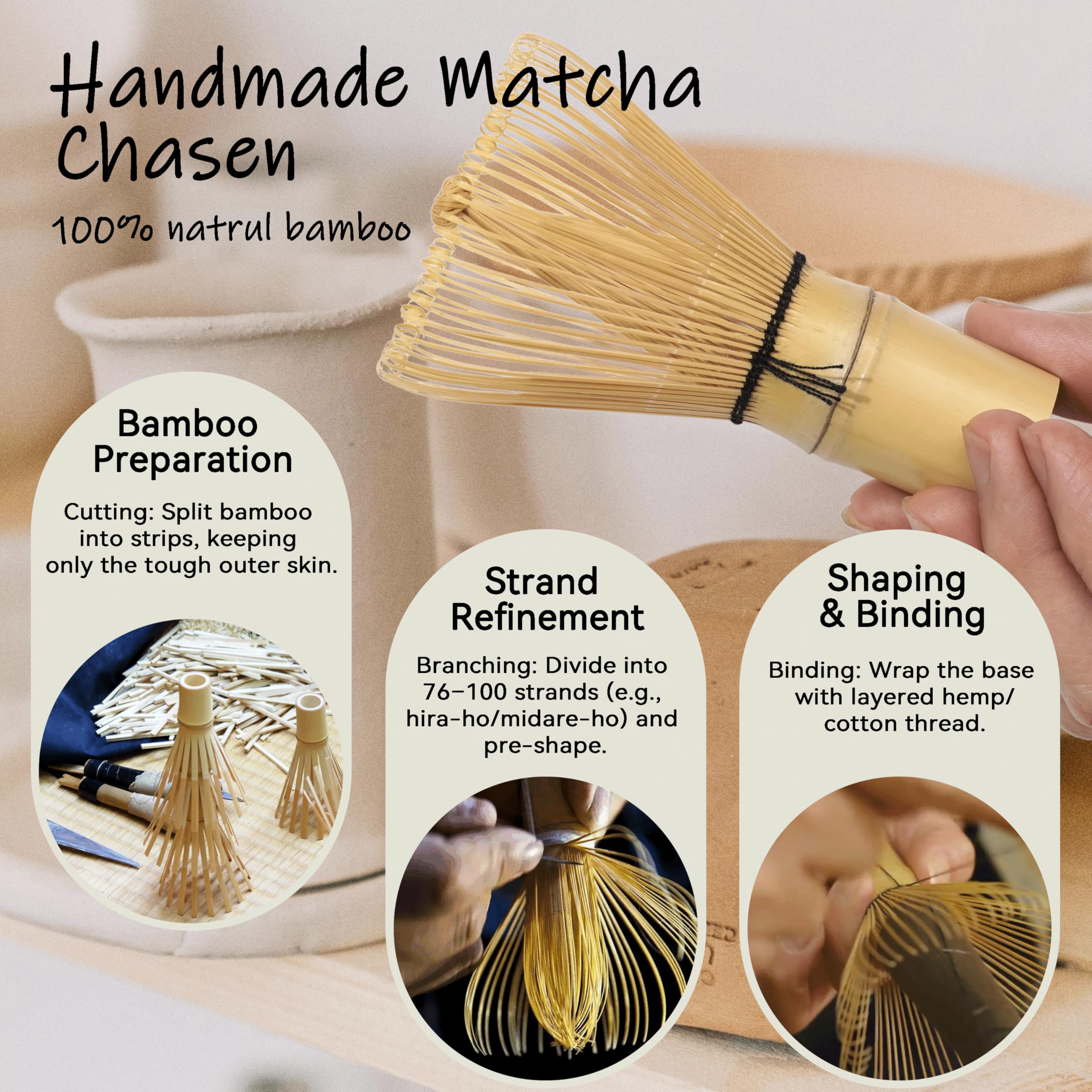 Set Matcha et Bol (8 pièces), Set de Thé Matcha Brun et Fouet en Bambou Artisanal (Chasen) pour Amateurs de Thé