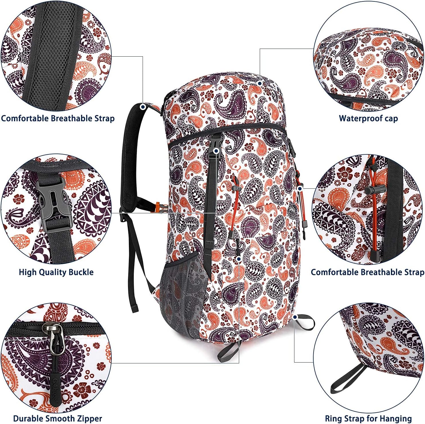 G4Free 40L Lightweight Packable Hiking Backpack Foldable Travel Daypack for Women 40L White Base Paisley