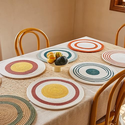 Miniatura 3 de Juego de 12 manteles individuales redondos tejidos de 13.5 pulgadas, juego de manteles individuales grandes de cuerda de algodón, estilo bohemio,