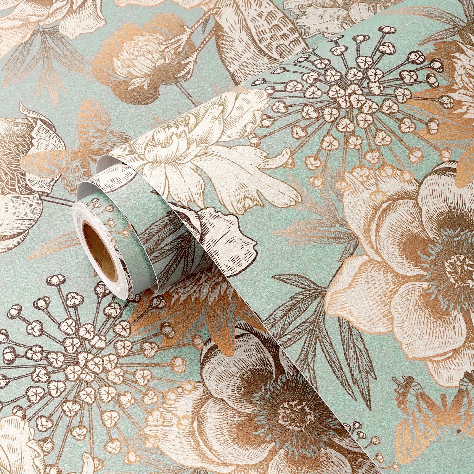 Papier peint adhésif floral vert doré vintage autocollant pour salon et couloir