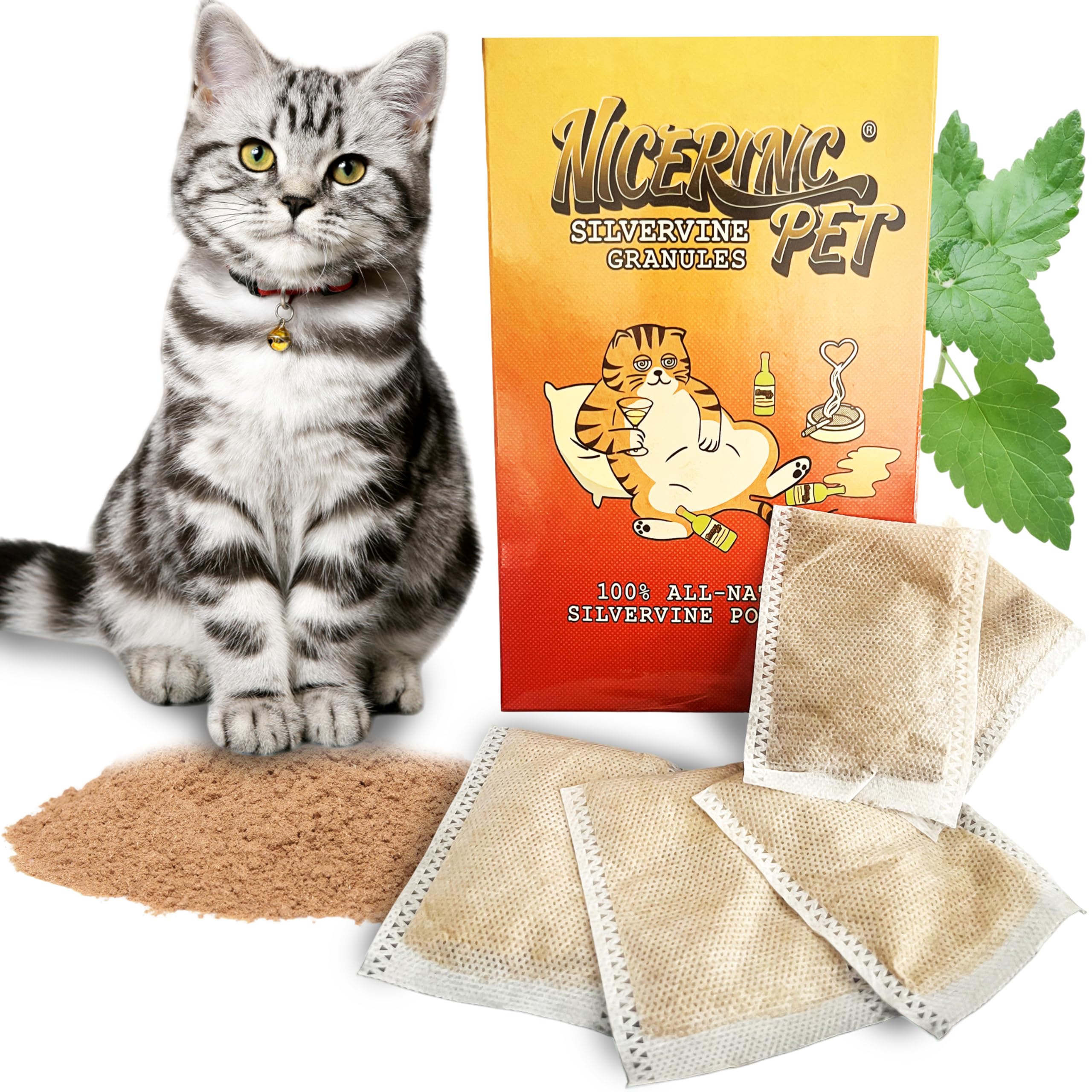 NICERINC PET 10 Pack Silvervine Powder Packets for Cat Toys,Organic Gall Fruit Powder(Matatabi),Refillable Catnip Toys Biodegradable, Non-GMO, Chemical-Free Refill Packs for Cats