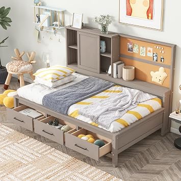Versatile Wood Daybed Twin Size with Storage Shelves and Cork Board, Daybed Sofa Bed Frame with USB Ports and 3 Drawers, Sturdy Slats Support, Space-Saving Antique Gray