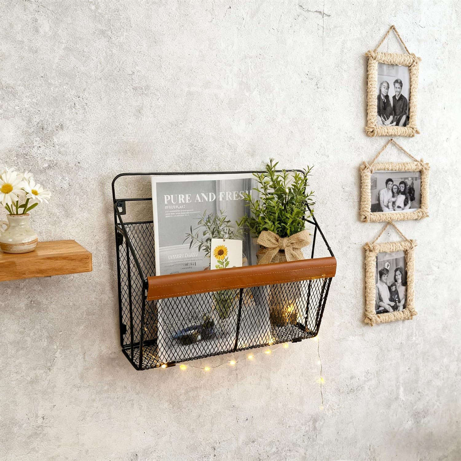 Wall Mounted Magazine Rack with Leather Trim, Decorative Art Wall Magazine Holder, Hanging Paper Organizer, Metal Wire Magazine Organizer for Home Office, 2 Packs