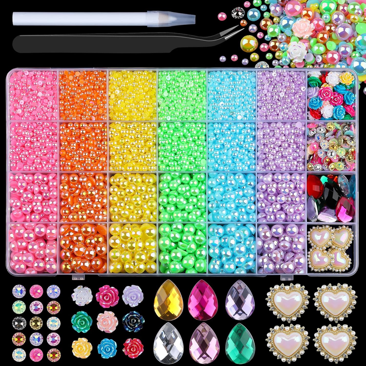 8900PCS Rainbow Flatback Pearls Set, 3D Flower Charms Teardrop Heart Gems Pink Purple Blue Half Round Pearls Bedazzling Bead with Tweezer Pickup Pen for Nail Art Wedding Tumbler DIY Crafts