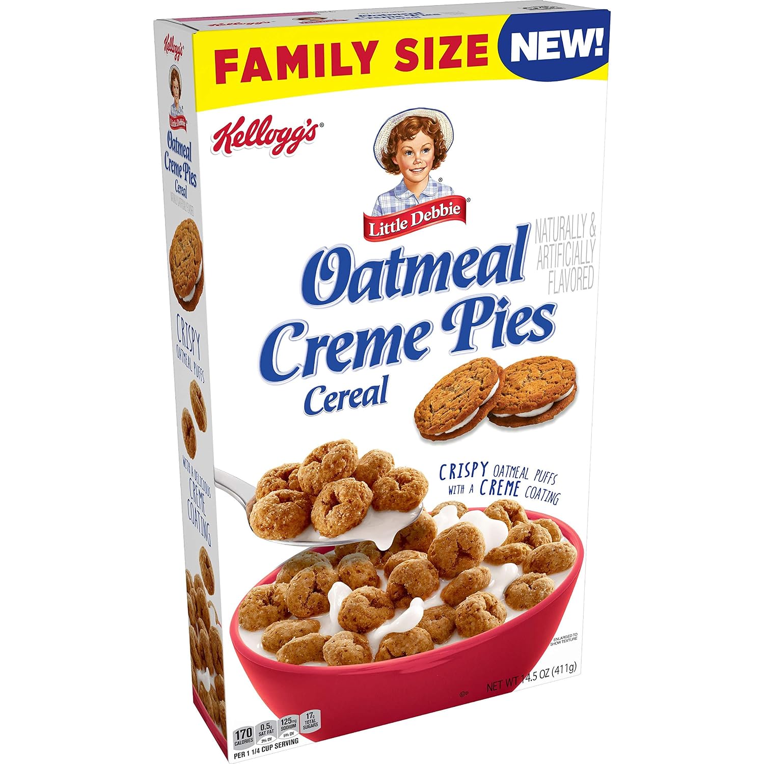 Kellogg's Little Debbie, Breakfast Cereal, 8 Vitamins and Minerals, Kids Snacks, Family Size, Oatmeal Creme Pie, 14.5oz Box (1 Box)