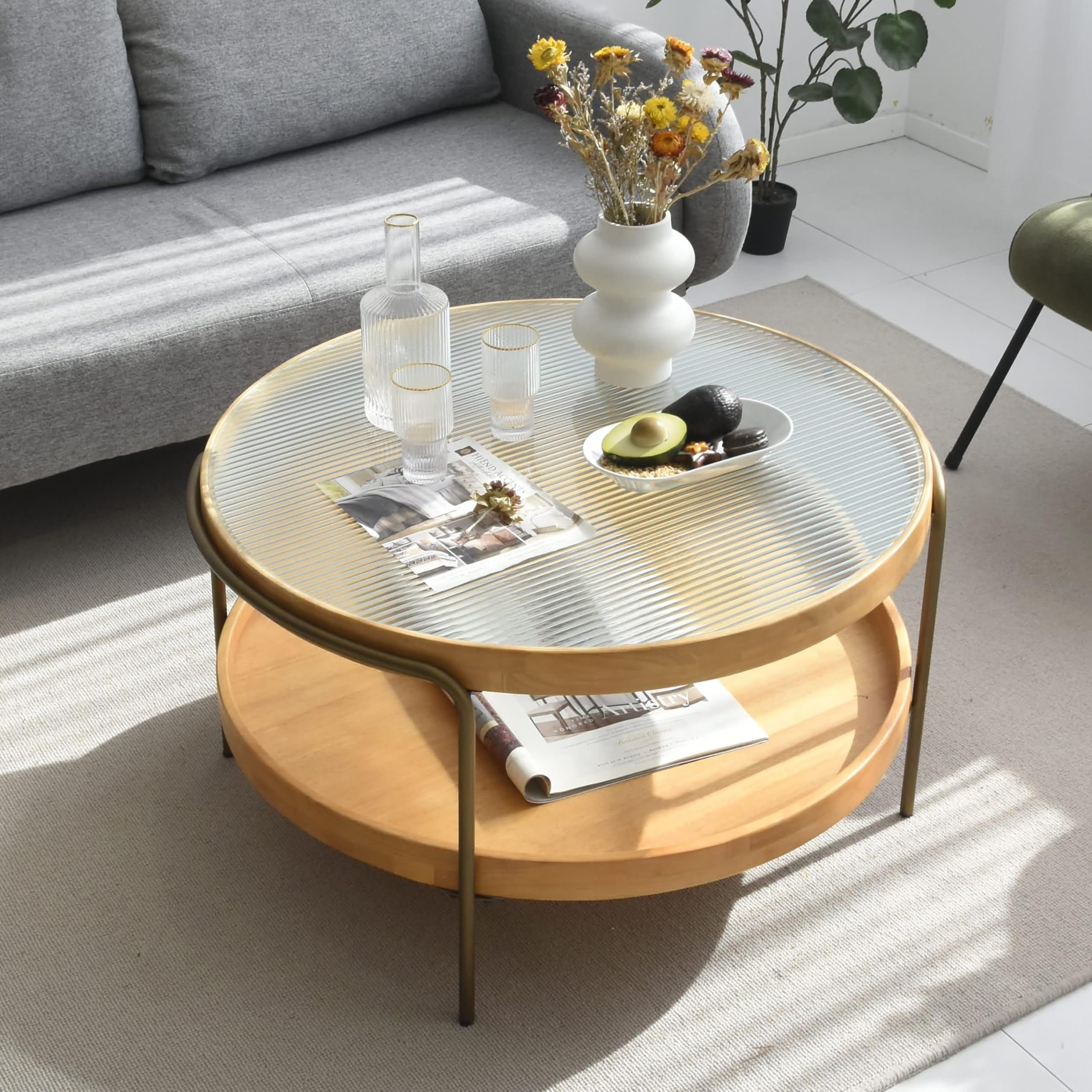 Zouron Table Basse Ronde Double Plateau Verre Trempé Pieds Dorés - Bois D'Hévéa 82.5x82.5x45.5cm