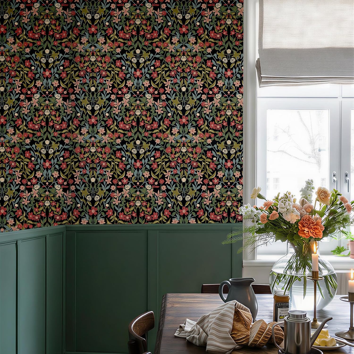 Boho Black Background with Crimson Flowers Peel and Stick Removable Wallpaper Self Adhesive Contact Wallpaper for Kitchen Cabinets, Bathroom, Bedroom Decor 17.3" x 118" SM154-3