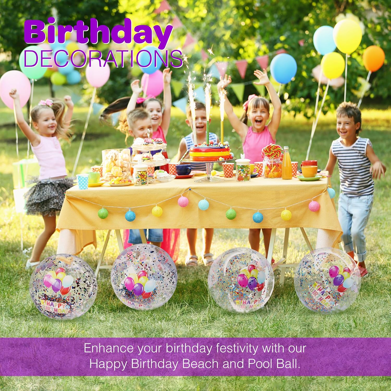 4E's Novelty 22 Inch Large Happy Birthday Beach Ball with Glitter Inside, for Pool Birthday Decorations Supplies, Outdoor Yard Games, Inflatable Pool Toys for Kids Adults (Pack of 2)