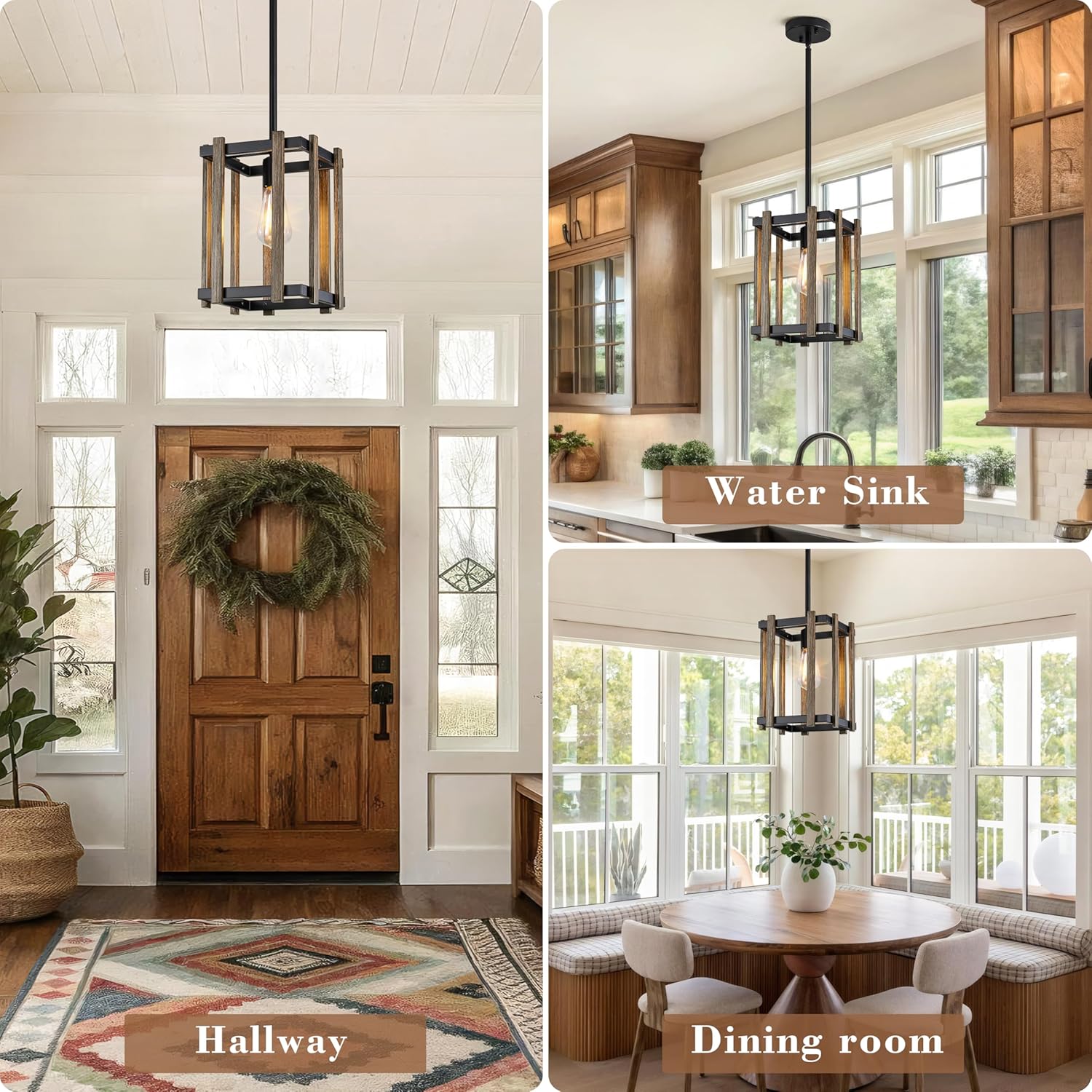 Farmhouse Pendant Lights Kitchen Island, Wood Textured Metal Pendant Light Fixture Adjustable Rods Hanging Pendant Lighting for Kitchen Sink Foyer Hallway Dining Room Bar, Black Brown
