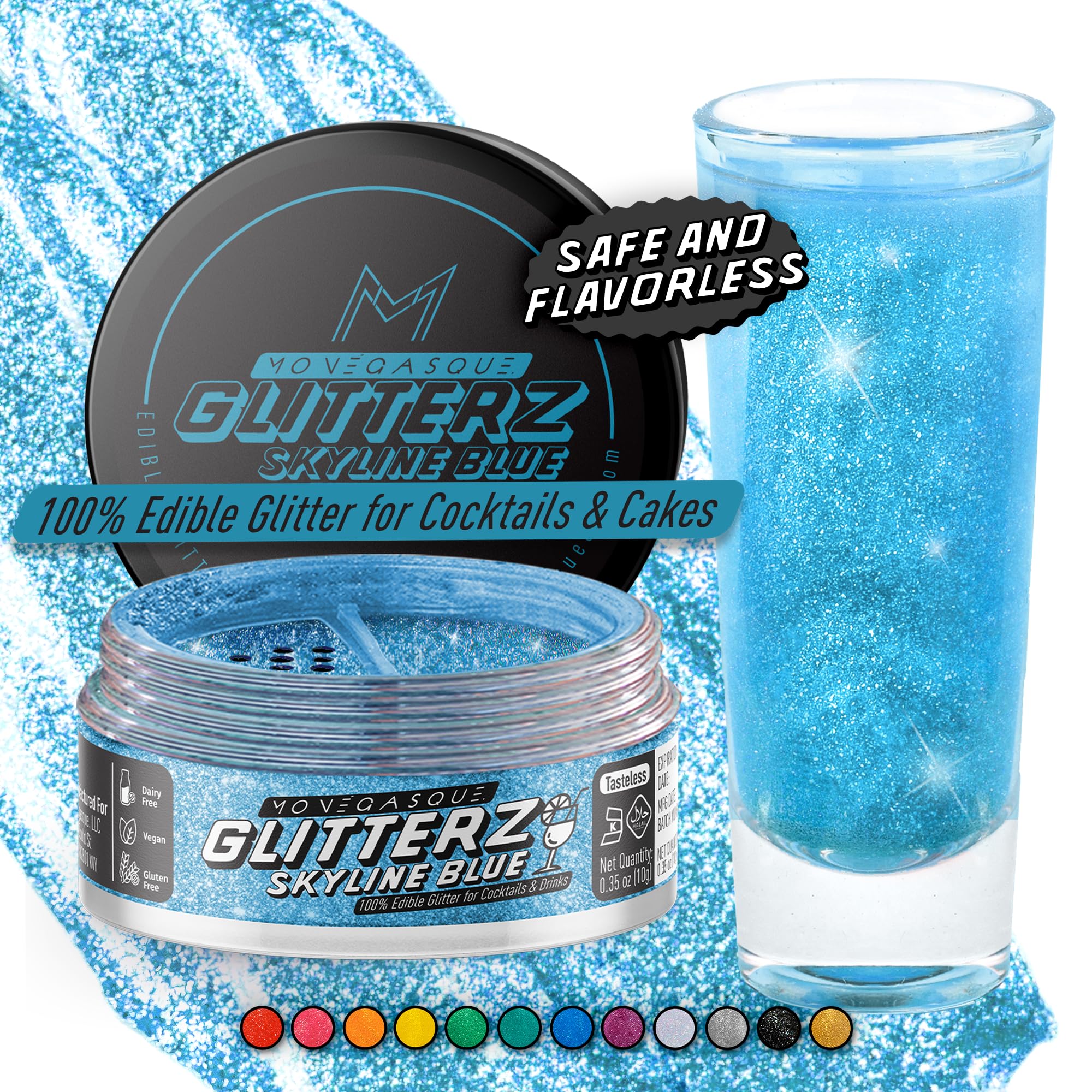 MONÉGASQUE Skyline Blue Edible Glitter for Drinks 10g – Blue Edible Glitter for Cakes & Cupcakes - St Patricks Day Cocktail Garnish Drink Flakes -