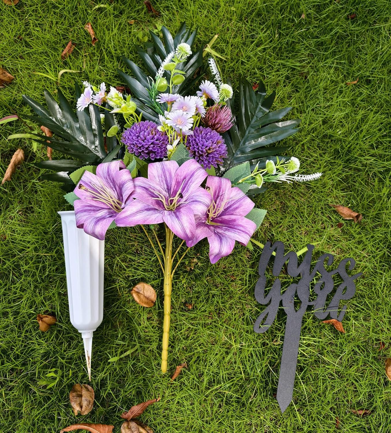Artificial Purple Lily Cemetery Flowers with Vase and Miss You Metal Sign - Purple Memorial Grave Decorations for Gravesite, Headstone, Tombstone
