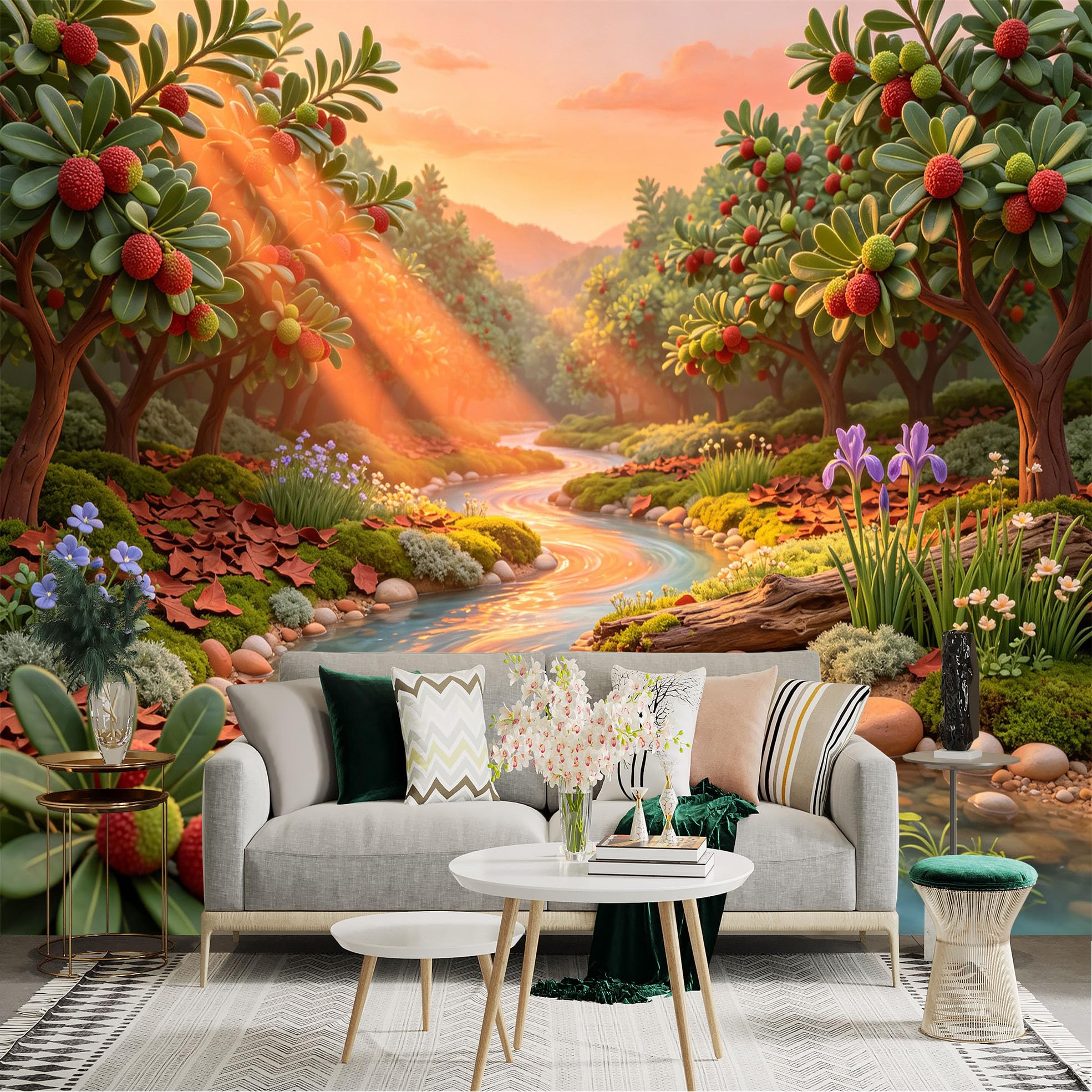 Lnzczhyre Bh260719277 Custom Size Wall Sticker Mural， Sunset Orchard By A Winding Stream， Ripe Fruit Trees And Wildflowers， For Wall Decoration， Peelandstick Wall Decals.