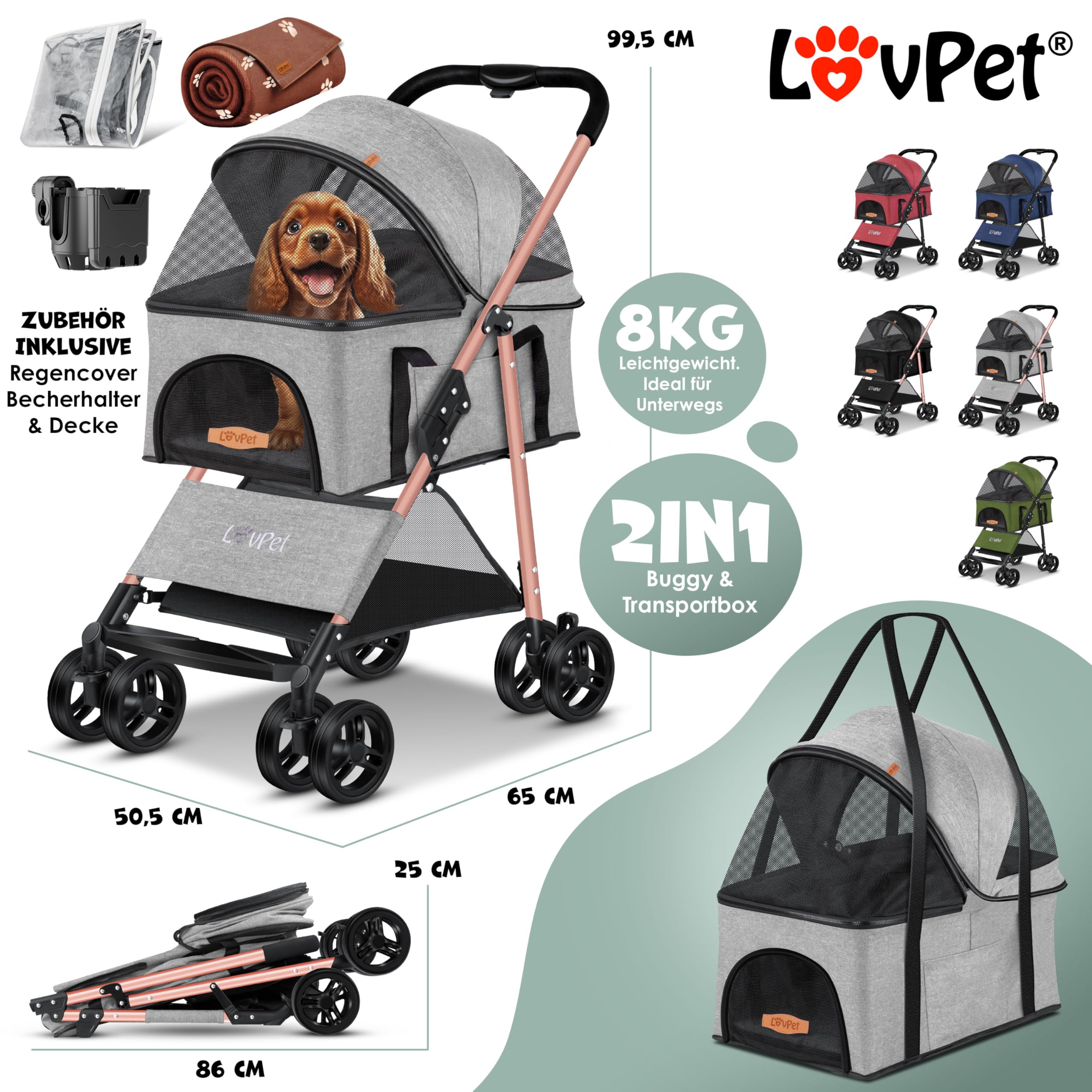 LOVPET® Passeggino per cani 2in1 - box per trasporto cani - borsa da trasporto per cani pieghevole fino a 20 kg - carrello per animali con finestre a rete e parapioggia I grigio chiaro