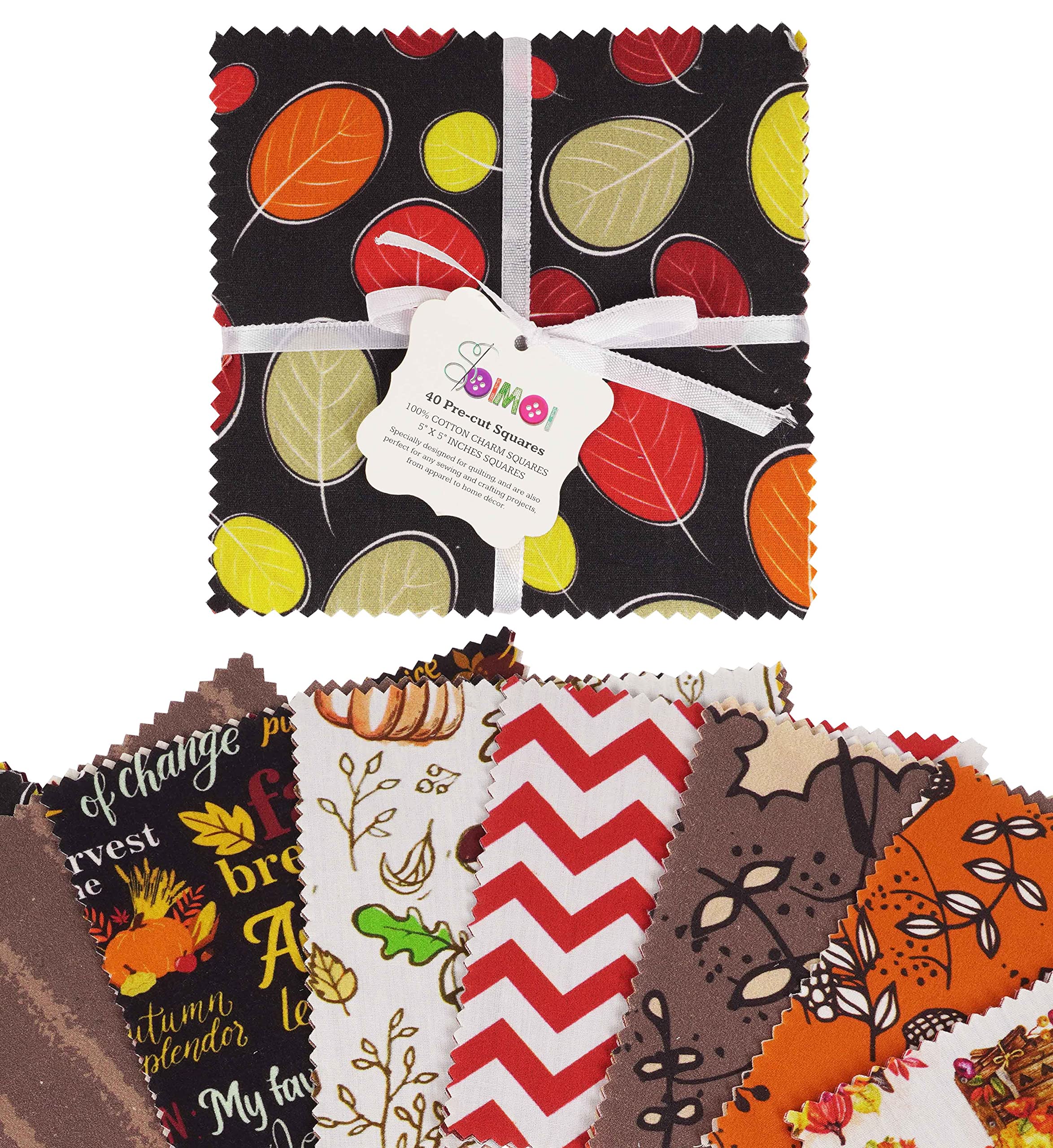 Soimoi Autumn Fall Theme Print Precut 5-inch Cotton Fabric Quilting Squares Charm Pack DIY Patchwork Sewing Craft-Multicolor