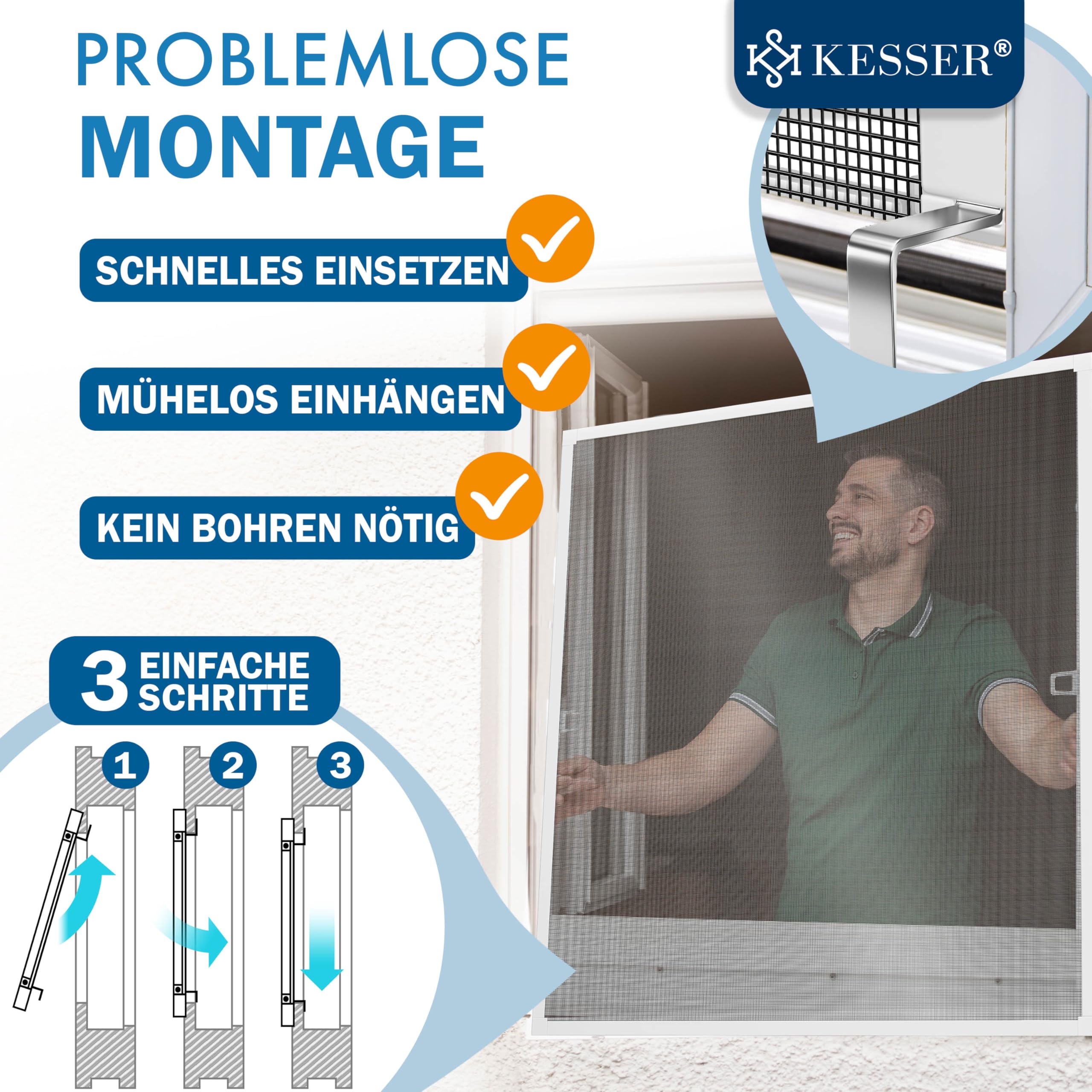 KESSER® Zanzariera per finestre con telaio in alluminio Zanzariera, Protezione dagli insetti, Zanzariera, Rete contro le zanzare, telaio di fissaggio, senza foratura e viti, 130 x 150 cm, Bianco