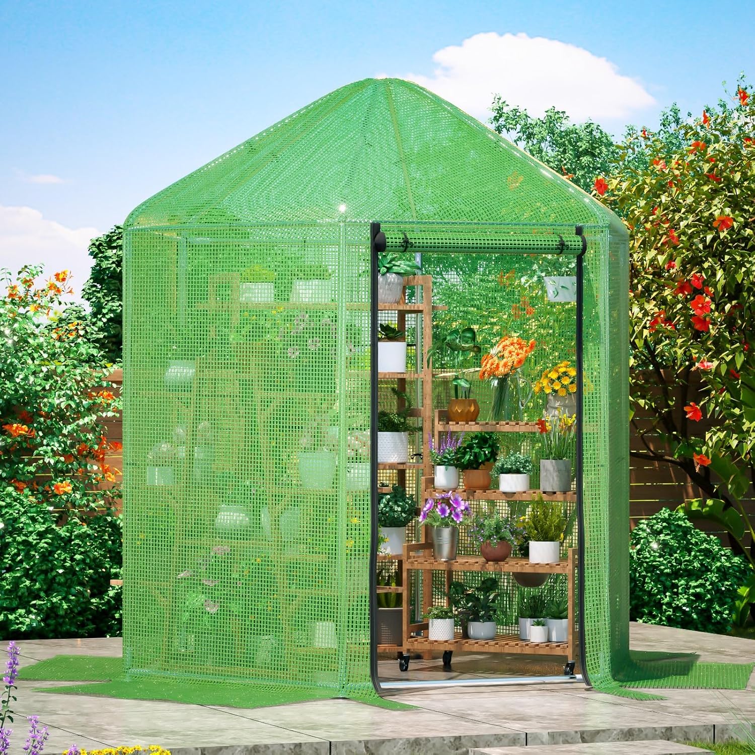 7x7 FT Greenhouses for Outdoors Heavy Duty, Portable Walk in Green Houses for Outside, Ventilated Mesh Window, Roll-up Door, Thicken PE Cover, Reinforced Steel Frame (Green, 7 x 7 x 8 FT)