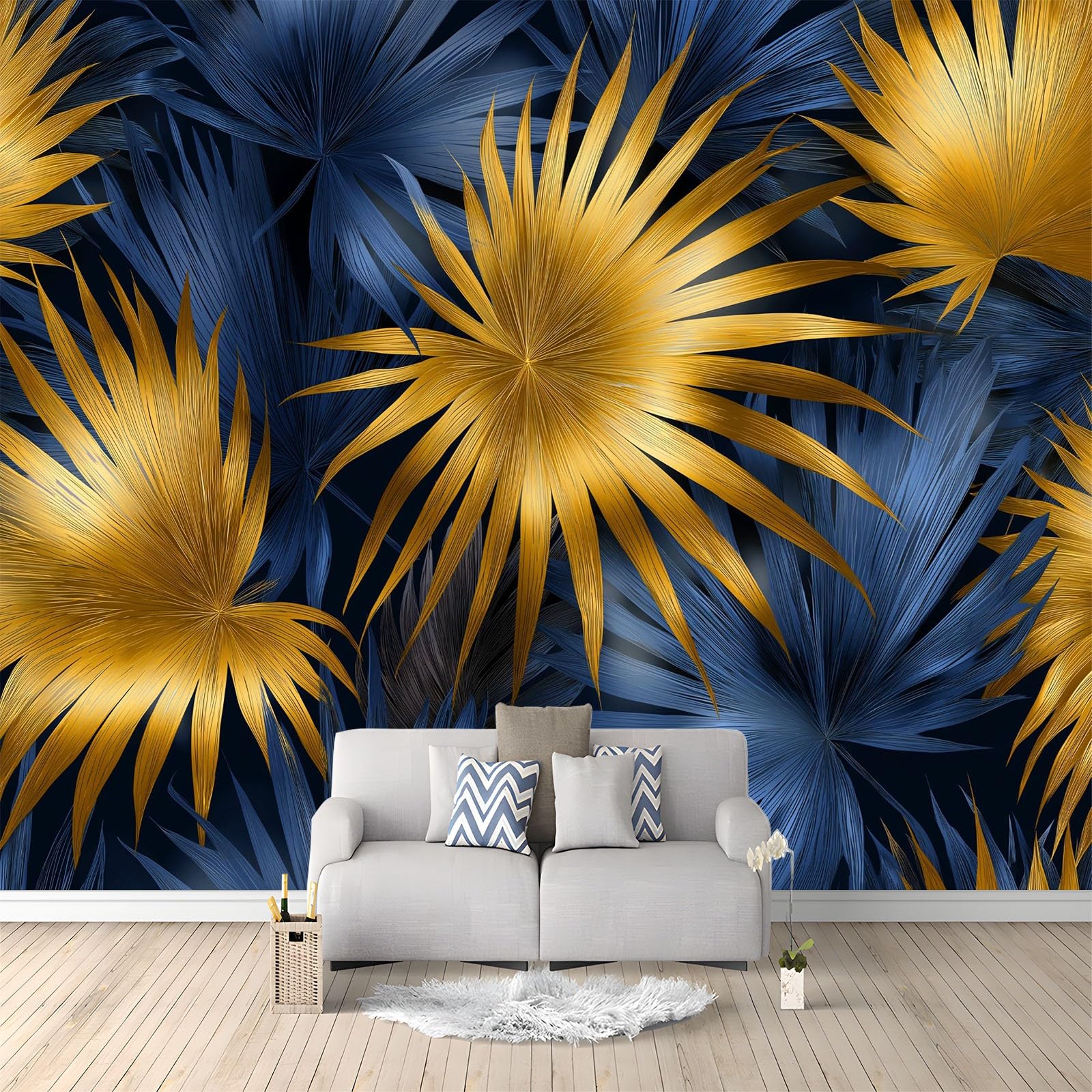 Générique Nowoczesna panoramiczna tapeta botaniczne liście palmowe moda czarny tusz 250 x 175 cm - nowoczesny gobelin ścienny z włókniny do salonu, sypialni lub pokoju dziecięcego