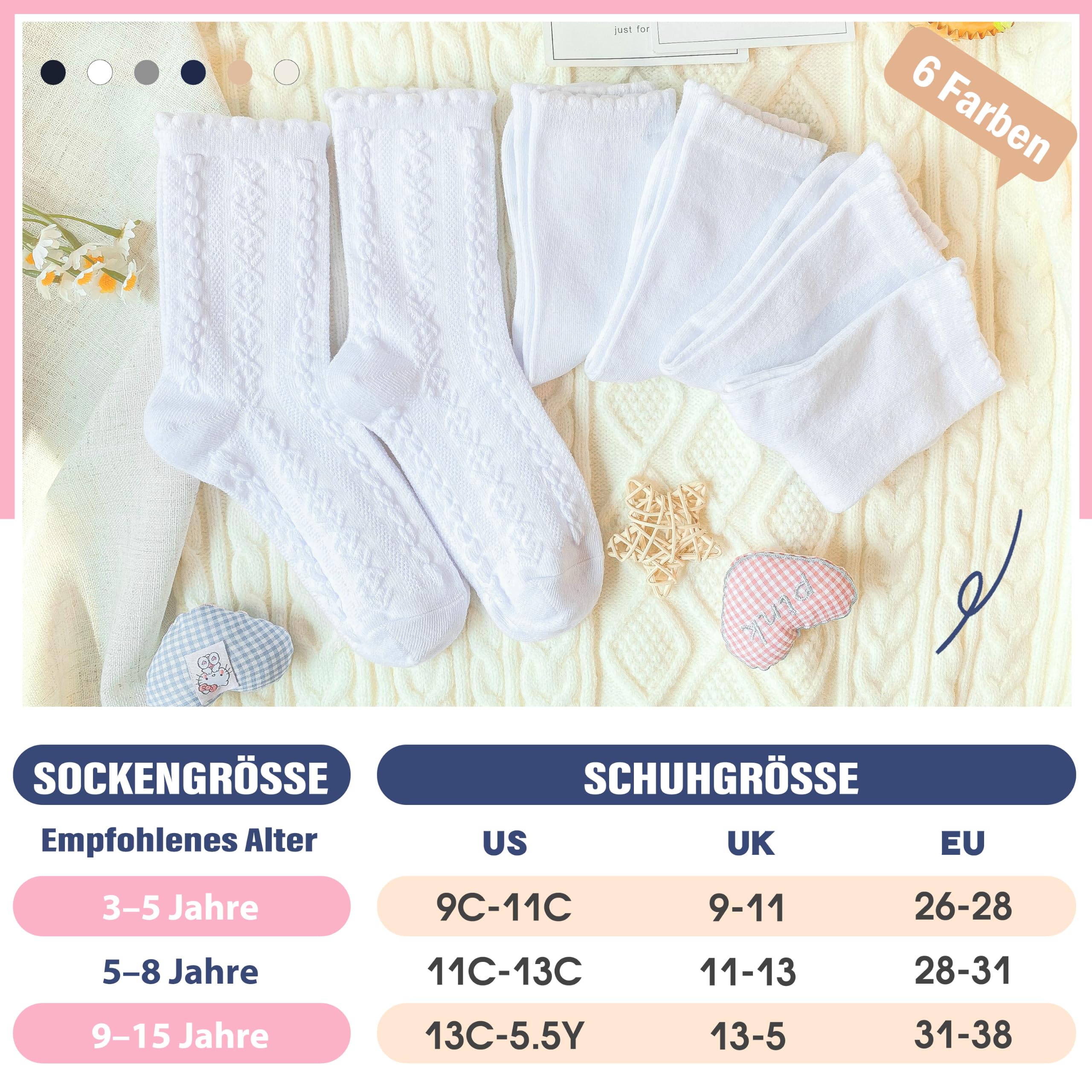 EBMORE Rüschen Kindersocken für Mädchen, Atmungsaktive Baumwolle Socken Kinder 6 Paar, ideal für Schuluniform, Outdoor