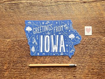 Noteworthy Greetings from Iowa Map Postcard, Illustrated Iowa State Map Shape, Hawkeye State, Single Letterpress Printed and Die Cut, Size 4.75 in x 7.75 in, Made in the USA