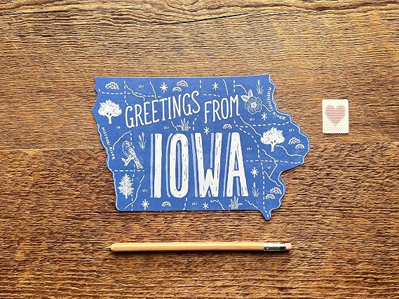 Noteworthy Greetings from Iowa Map Postcard, Illustrated Iowa State Map Shape, Hawkeye State, Single Letterpress Printed and Die Cut, Size 4.75 in x 7.75 in, Made in the USA