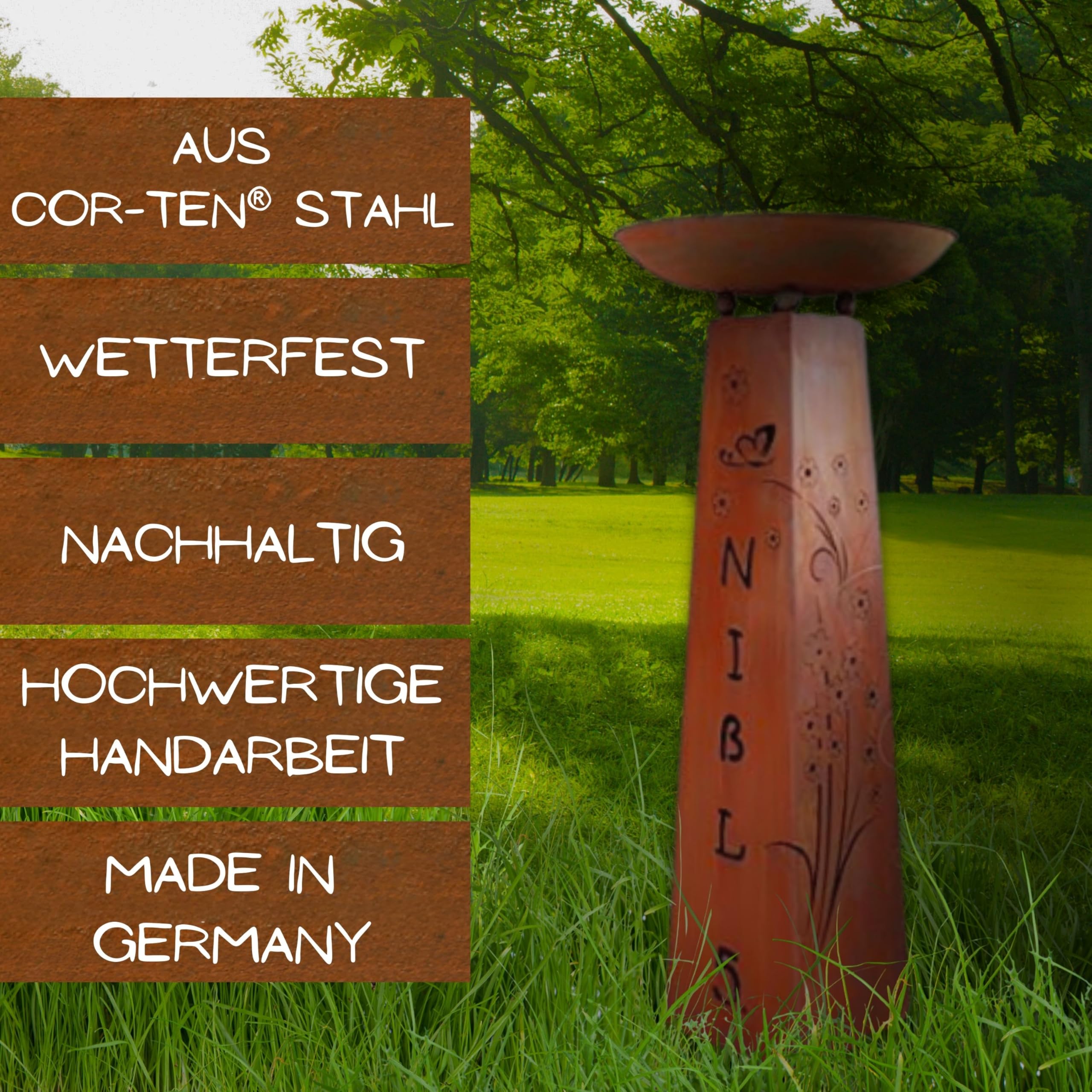 Columna de Flores Jardín, Rostsäule con Nombres, Patina Columna con Cuenco
