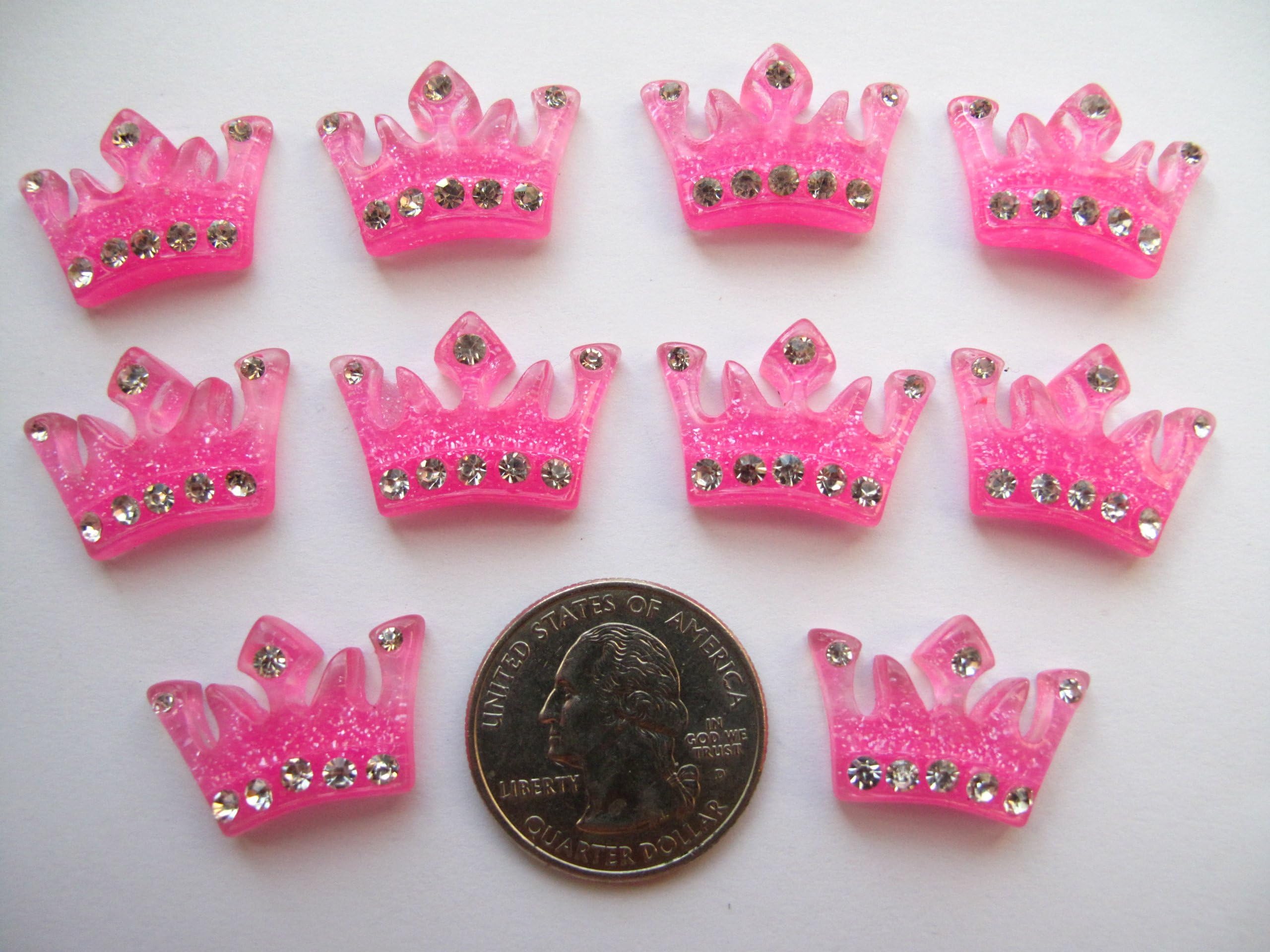 10 Hot Pink Crystal Glitter Resin Cabochon Flat Back Crown/Rhinestones for Cellphones Scrapbook